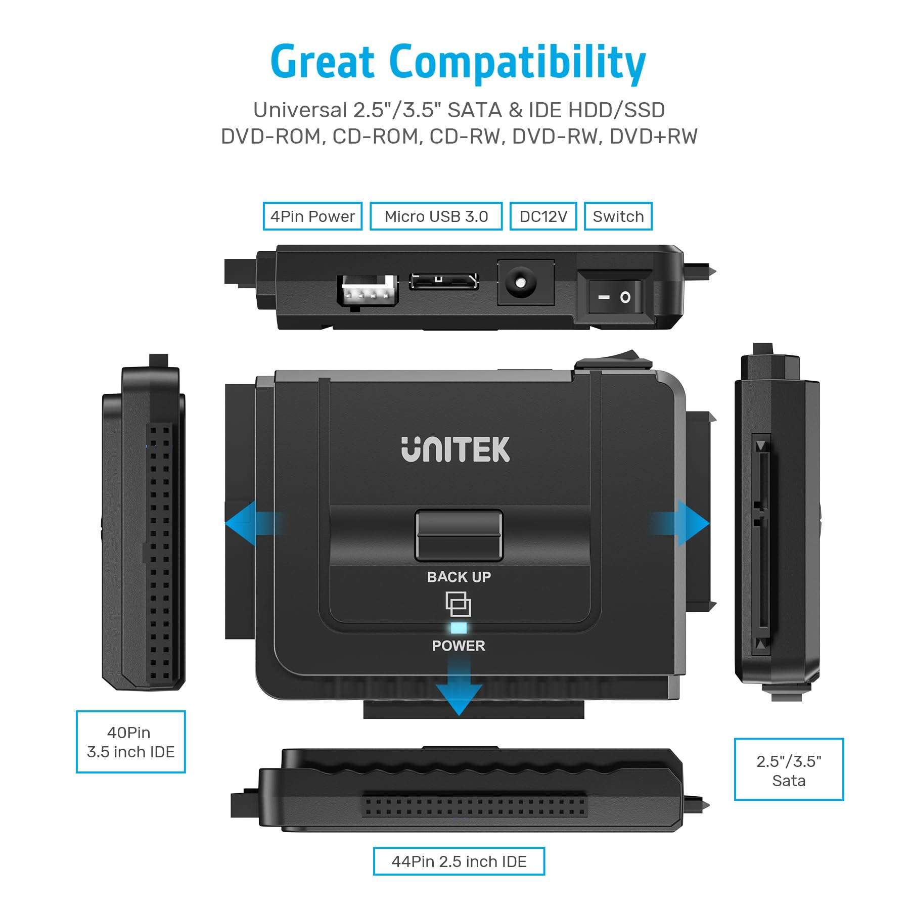Unitek USB 3.0 to IDE and SATA Converter External Hard Drive Adapter Kit for Universal 2.5/3.5 HDD/SSD Hard Drive Disk, One Touch Backup Function, Included 12V/2A Power Adapter 3