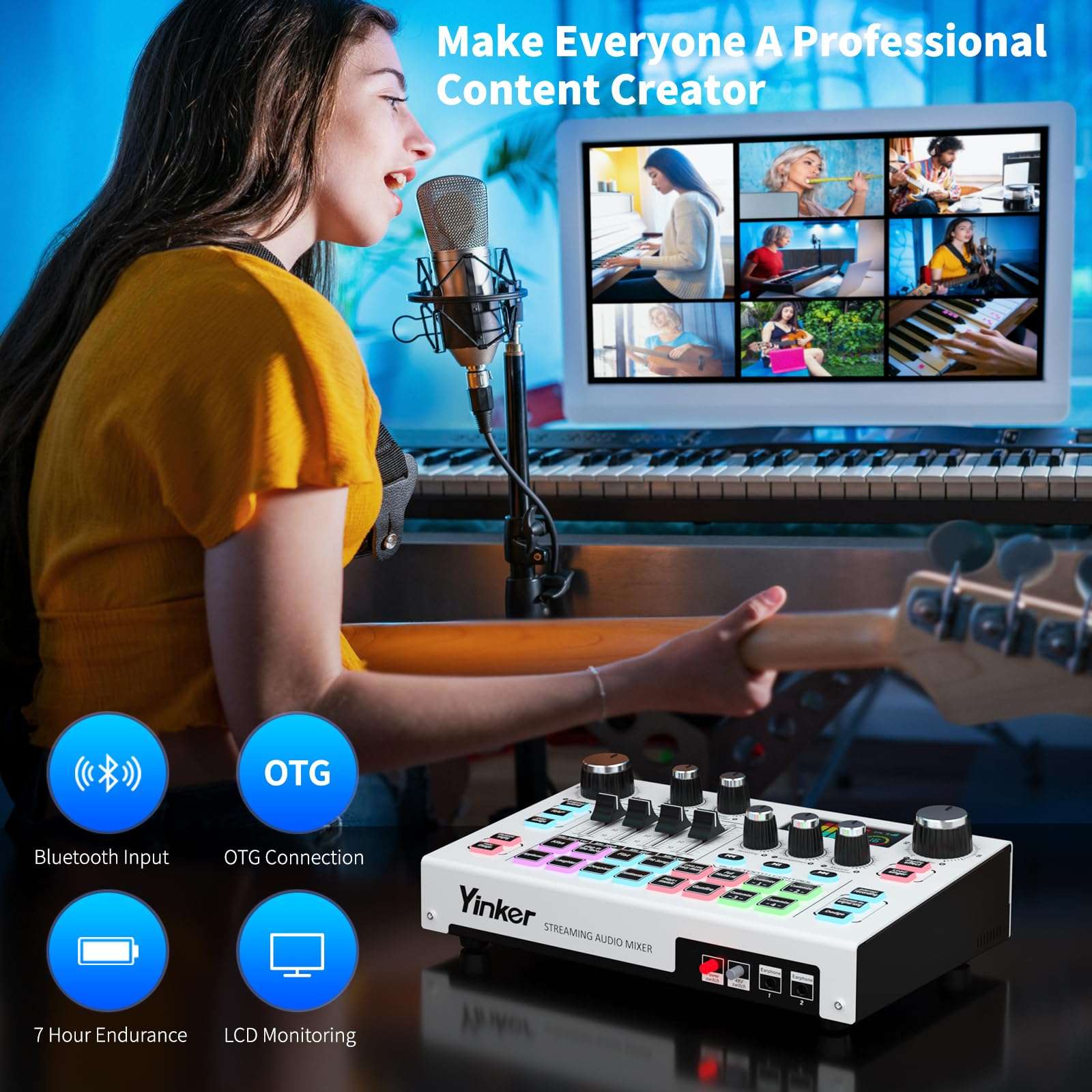 Yinker Streaming Audio Mixer, LCD Gaming Audio Mixer Interface, Live Sound Card with Bluetooth, 48V Phantom Power for Live Streaming Podcast, Recording, Gaming 5