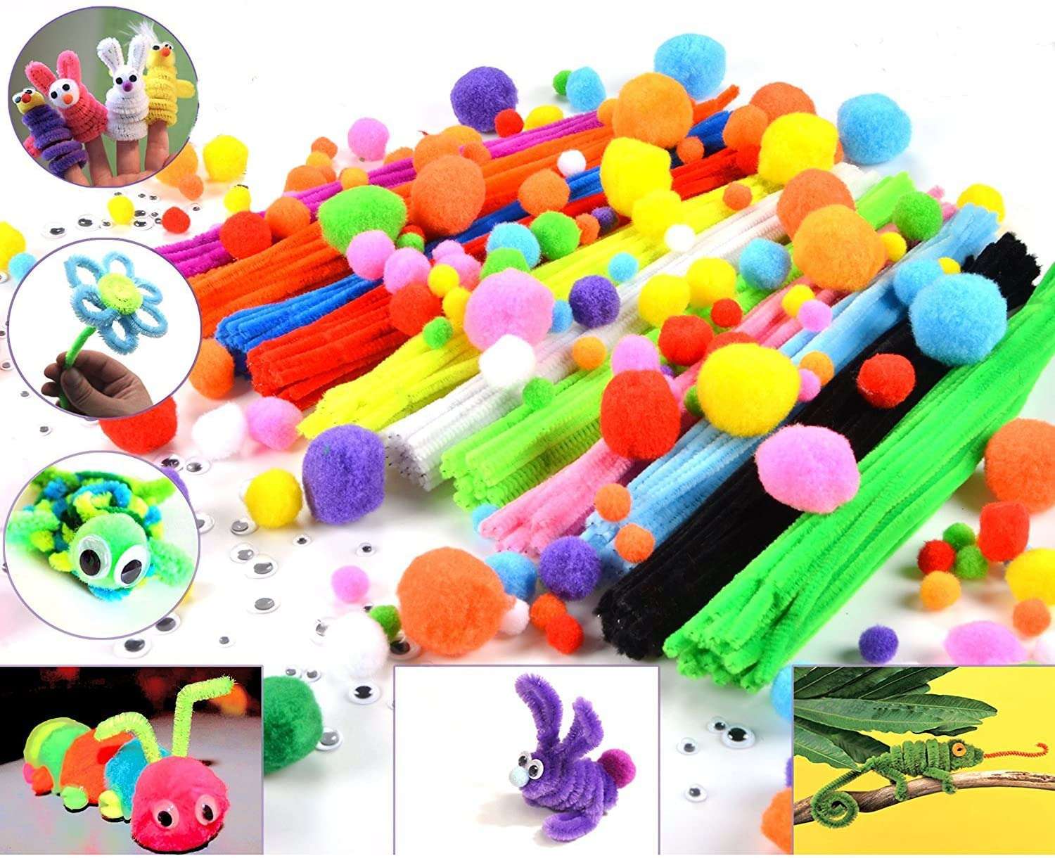 450 Pcs Pipe Cleaners, Which Includes 100Pcs Pipe Cleaners Craft,150Pcs Googly Eyes Self Adhesive and 200Pcs Pompoms for Arts and Crafts for Kids Ages 8-12 4