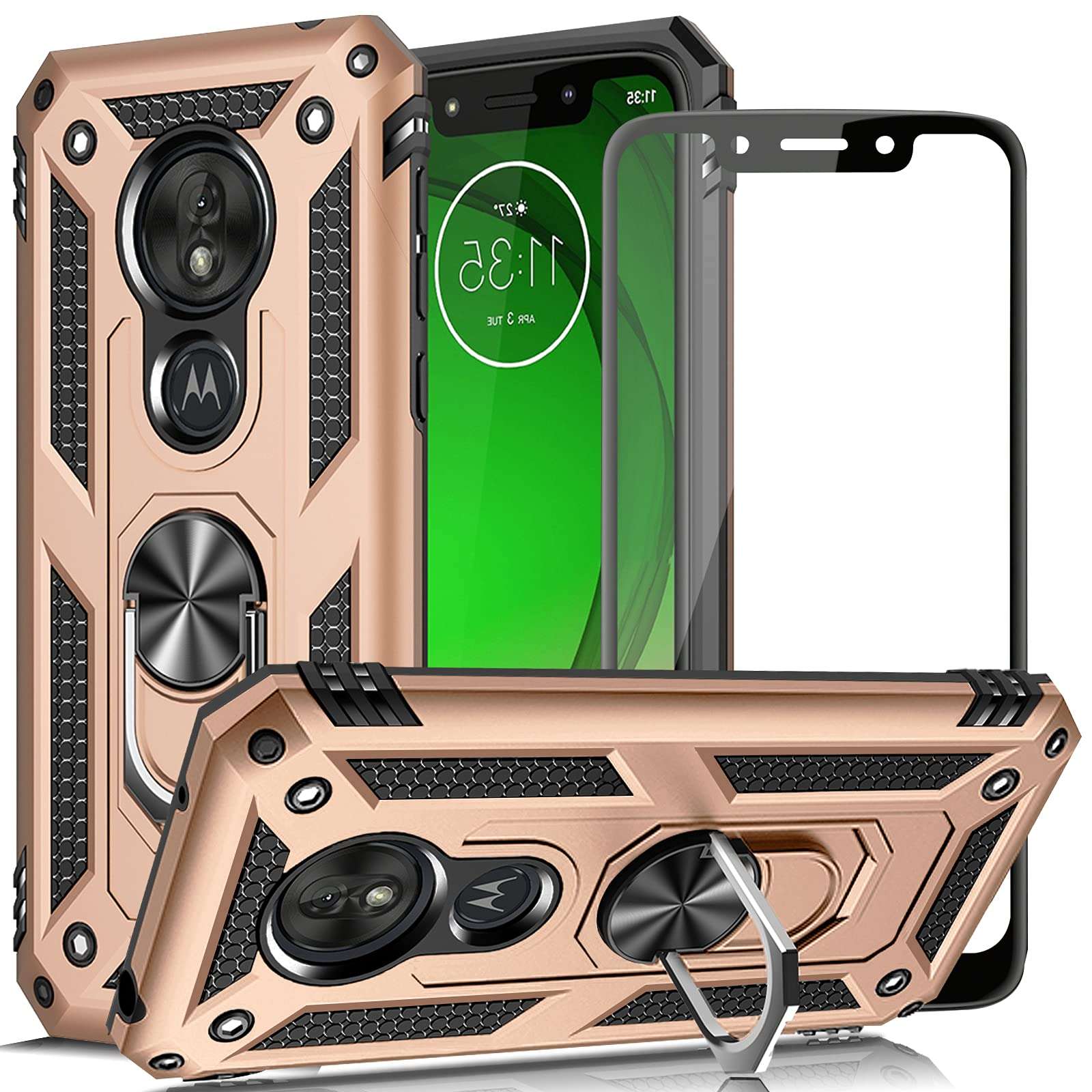 AUPAI Moto G7 Play Case with Glass Screen Protector, Heavy Duty 15ft Drop Tested Shockproof Cover with Magnetic Ring Kickstand,Protective Phone Case for Moto G7 Play Gold 1