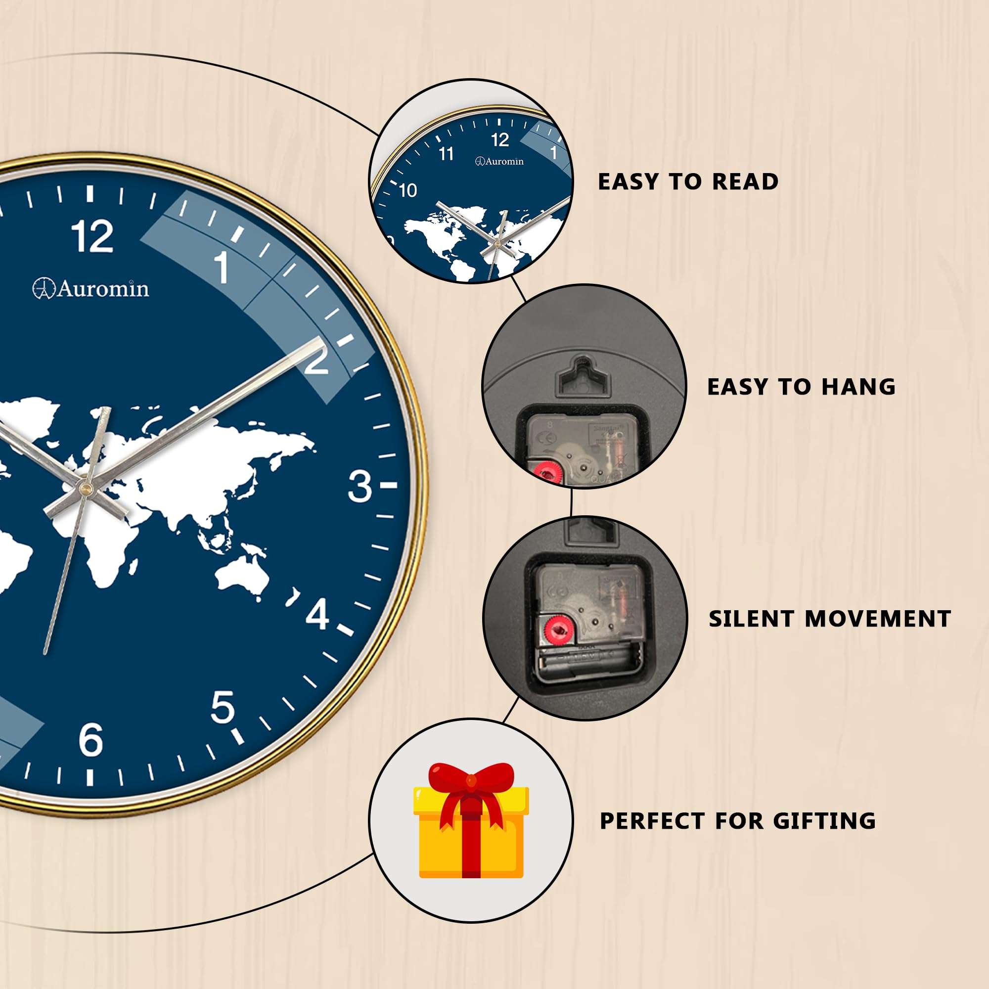 Auromin Designer Wall Watch for Living Room | Fancy Wall Clock for Bedroom Stylish Latest | Watch for Home Wall, Silent Modern Luxury Wall Clocks for Office, Kitchen, Home Décor (World-Blue) 6