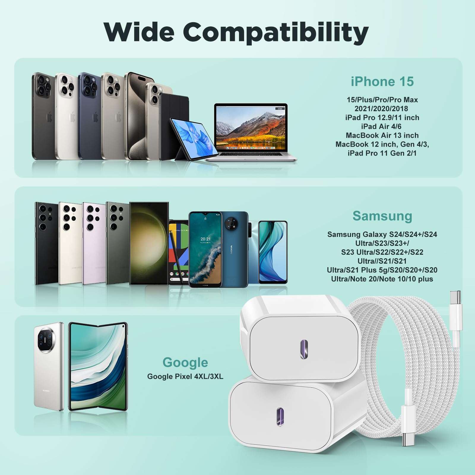 iPhone 16 15 Charger Fast Charging 20W USB C Wall Charger Block with 3 Pack [3ft+6ft+10ft] USB C to C Cable Fast Charging for iPhone 15/16 Pro Max/15/16 Pro/15/16 Plus/iPad Pro 12.9/11/Air/Samsung 6