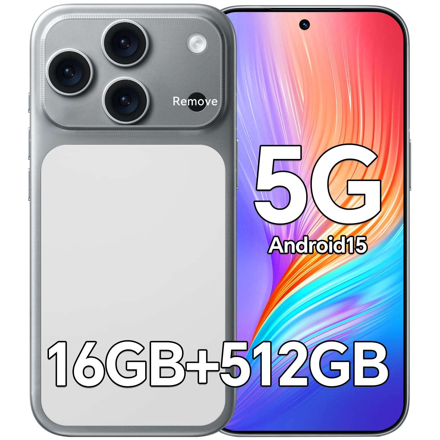 SEMIYUUKEE D17 Ultra Unlocked Cell Phones,5G Android 15 Unlocked Phones with 5000mAh Battery,Snapdragon888, 32+104MP Camera,16GB+512GB Smartphone, 6.9“ HD Screen, Dual SIM+Memory Expansion,Silvery 1