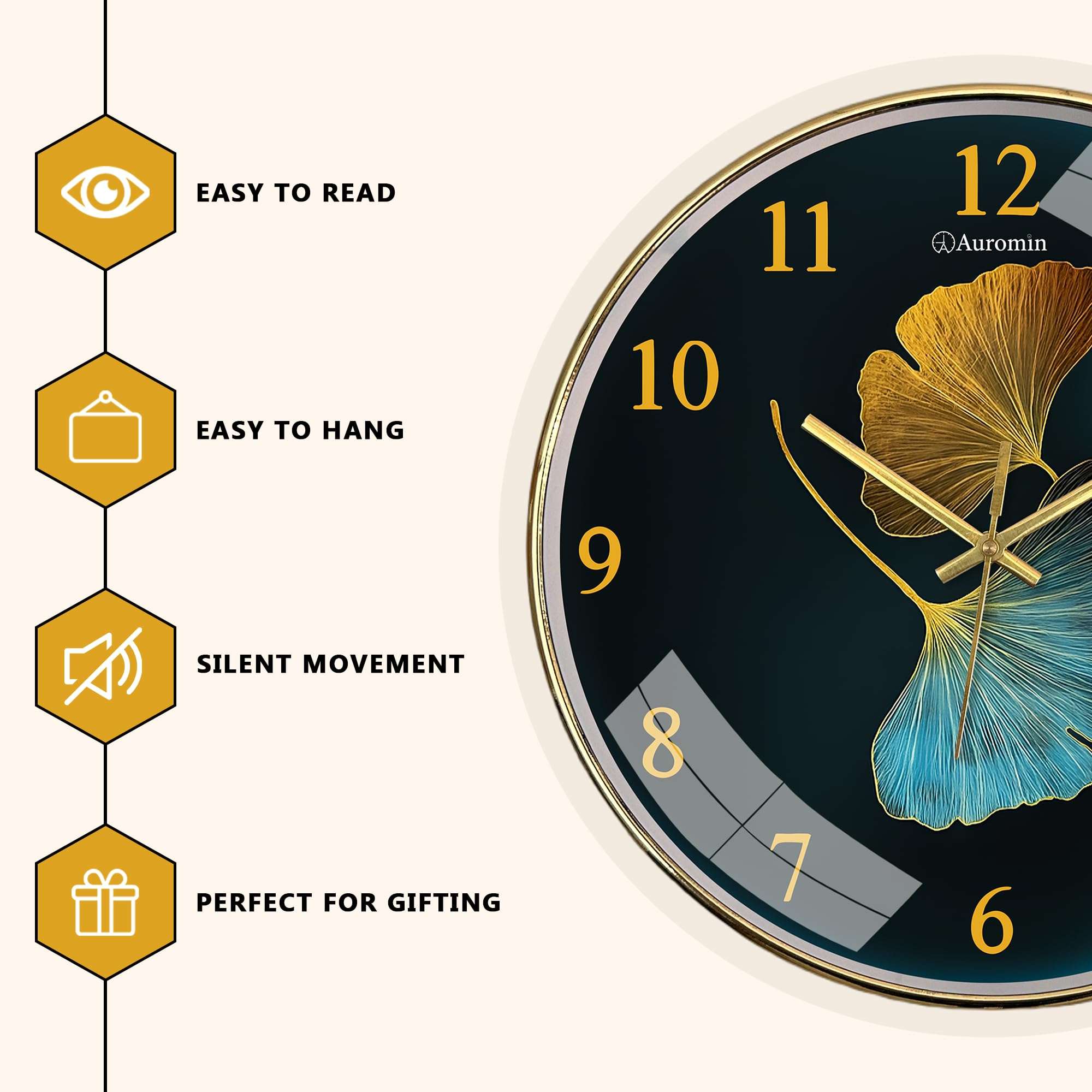 Auromin Wall Clock for Hall | Silent Wall Clock for Living Room Stylish Latest | Modern Designer Fancy Unique Wall Watch for Bedroom, Office (Gold-Leaf) 4