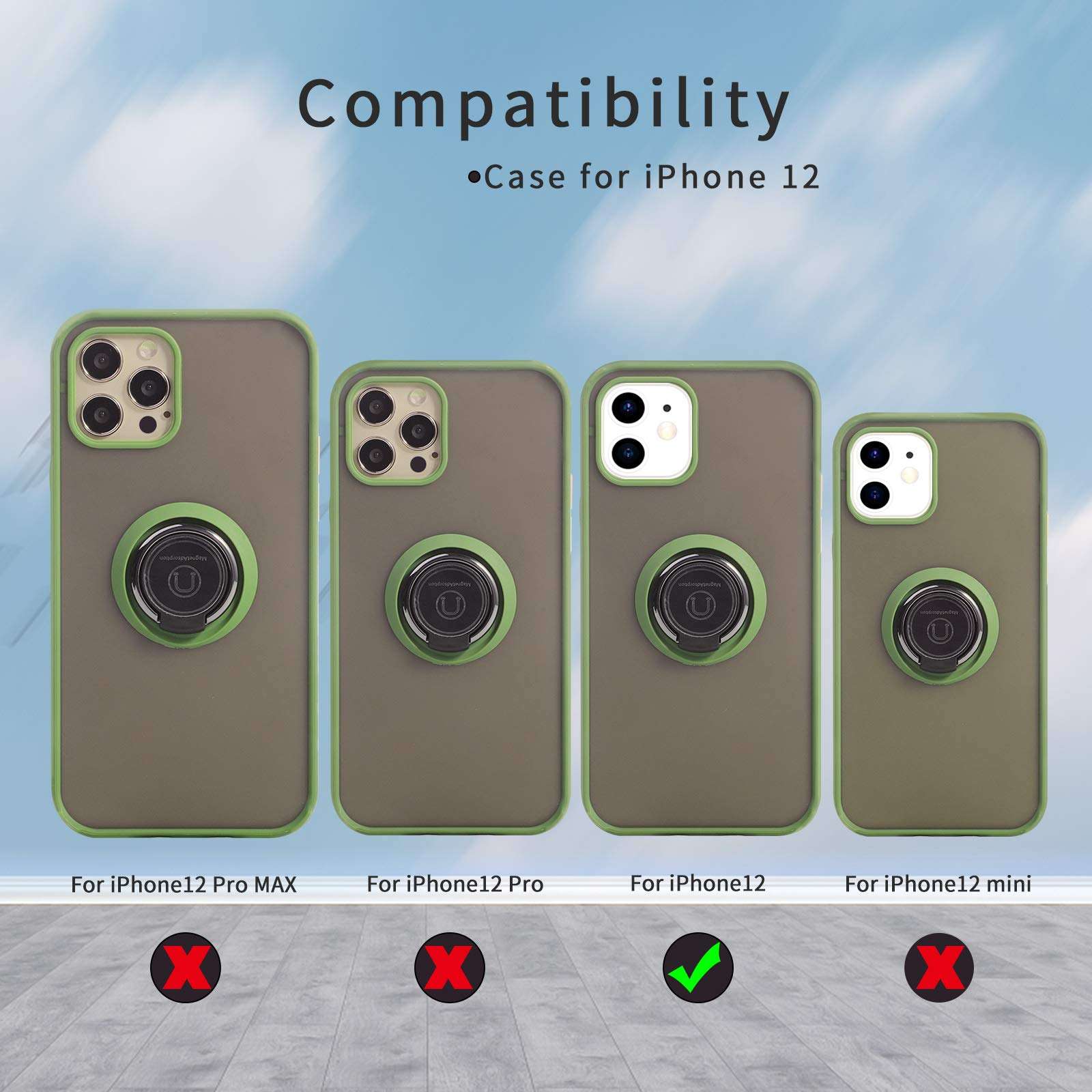 ICONFLANG Compatible with iPhone 12 Cases,360 Degree Rotating Ring Kickstand Translucent Case Shockproof Impact Protection,Support Magnetic Car Mount Holder (Green) 2