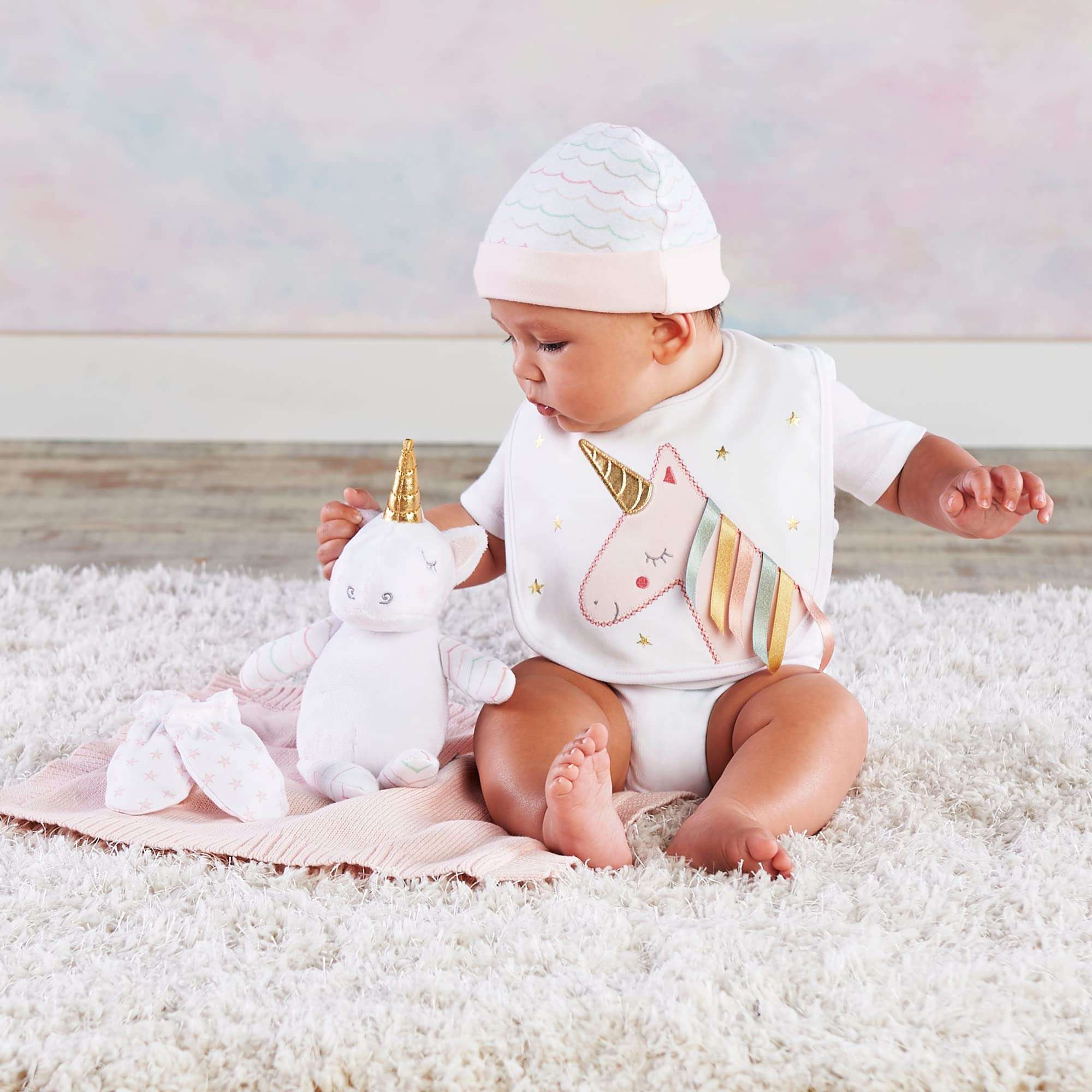 Baby Aspen Simply Enchanted Unicorn 5-Piece Welcome Home Gift Set, Light & Dark Pink/White/Aqua/Gold 1