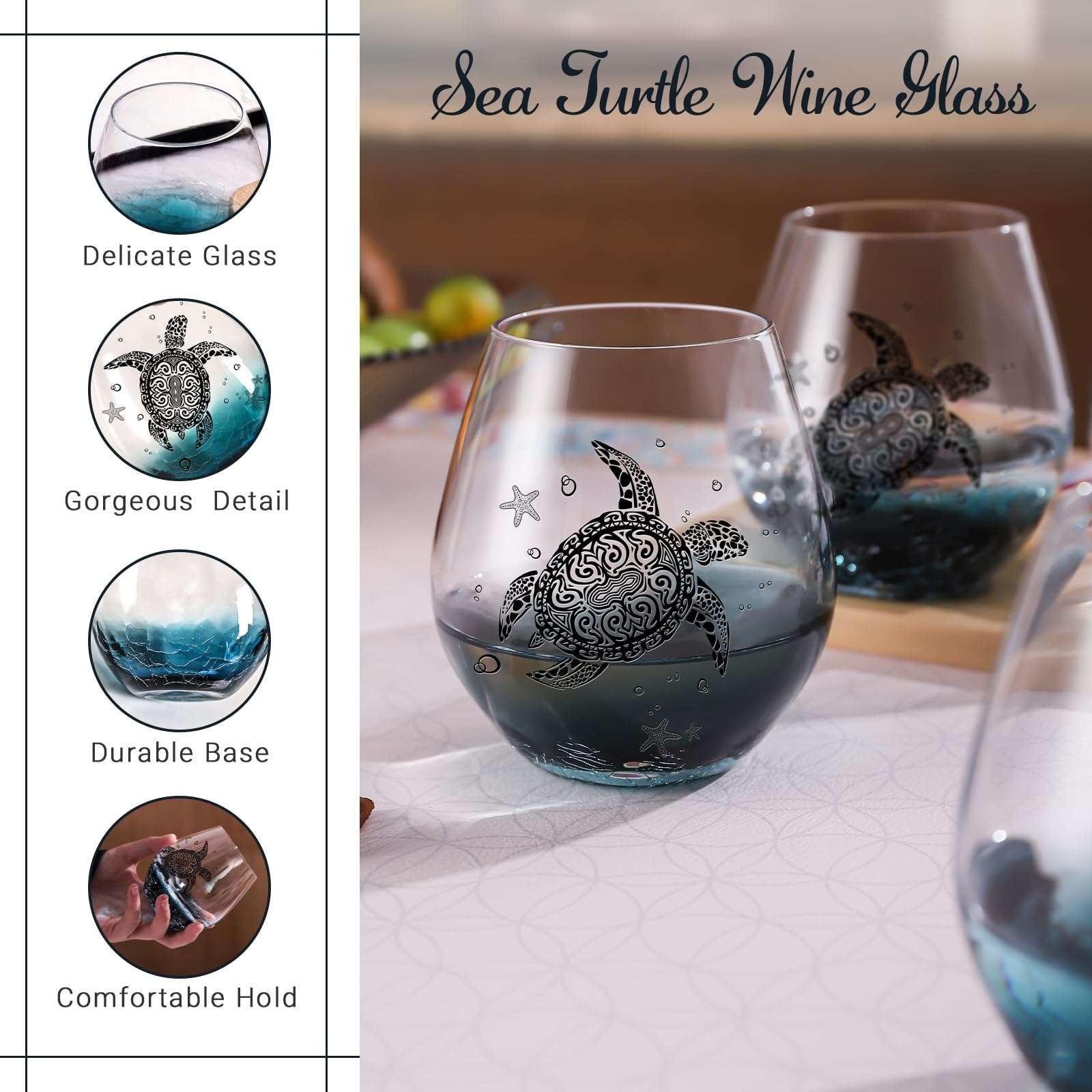 Sea Turtle Wine Glasses Set 4-13.3oz Crackle Teal Design, Hand blown Tortoise Wine Tumbler,Sea Turtle Gifts for Women, Birthday/Housewarming/Christmas Gifts for Seaturtle Lovers(4Count, Black) 4