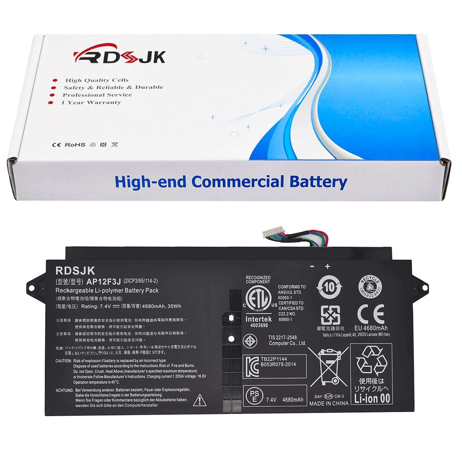AP12F3J Laptop Battery for Acer Aspire S7 S7-391 Ultrabook S7-391-53334G12aws S7-391-53314G25aws S7-391-73514G25aws S7-391-73534G25aws Series S7-392 S7-393 2ICP3/65/114-2 7.4V 4680mAh/35Wh 1