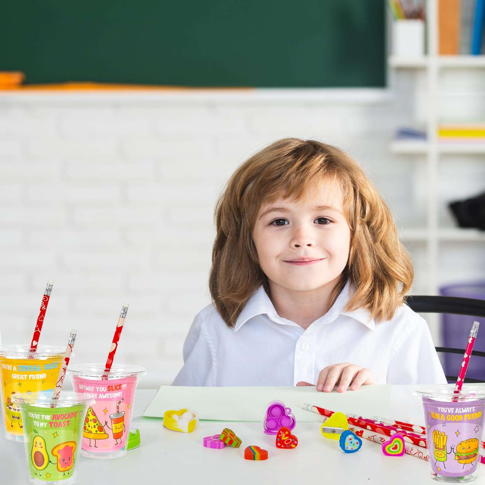 DAZONGE 24 Pack Valentines Day Gifts for Kids, Valentines Stationery Set with Pencil Notebook Pop Heart Keychain Sticker Eraser Sharpener, Valentines Day Cards for Kids Classroom Boys Girls 6