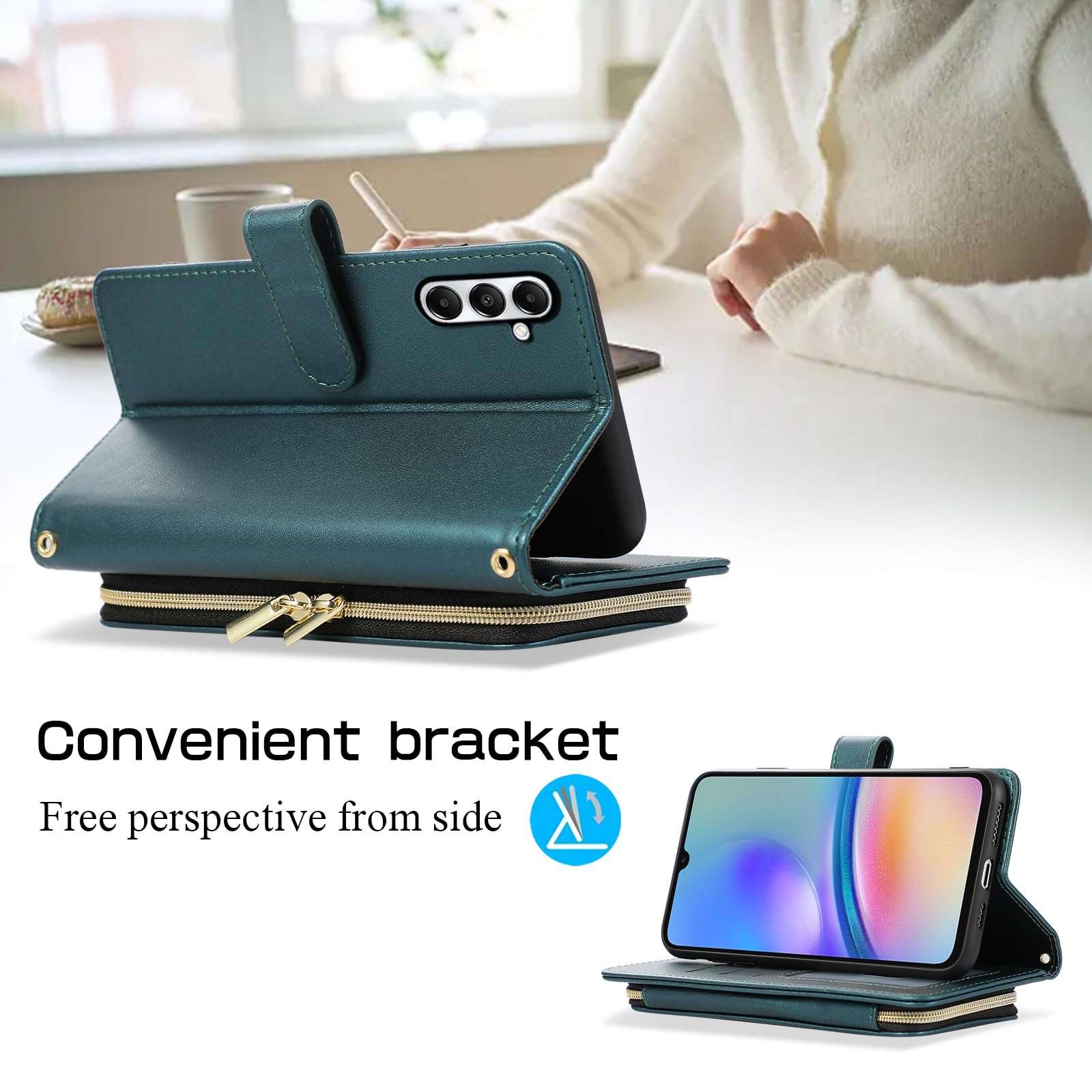 Furiet Argyle Wallet Case for Samsung Galaxy A05s/A05 with Wrist Strap Shoulder Strap, 9+ Card Slots Zipper Purse, Luxury PU Leather Stand Checkered Phone Cover for Ao5s Ao5 A 05s 05 Women Green 4