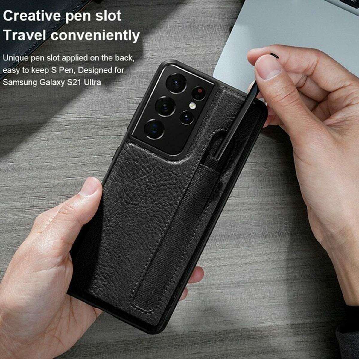 seeyoung Case for Samsung S21 Ultra Leather Cover with Stylus S-Pen Socket Slot,Slim PU Leather Cover Case,Elegant Leather Phone Case Business Shockproof Protective Back Cover (Black) 3
