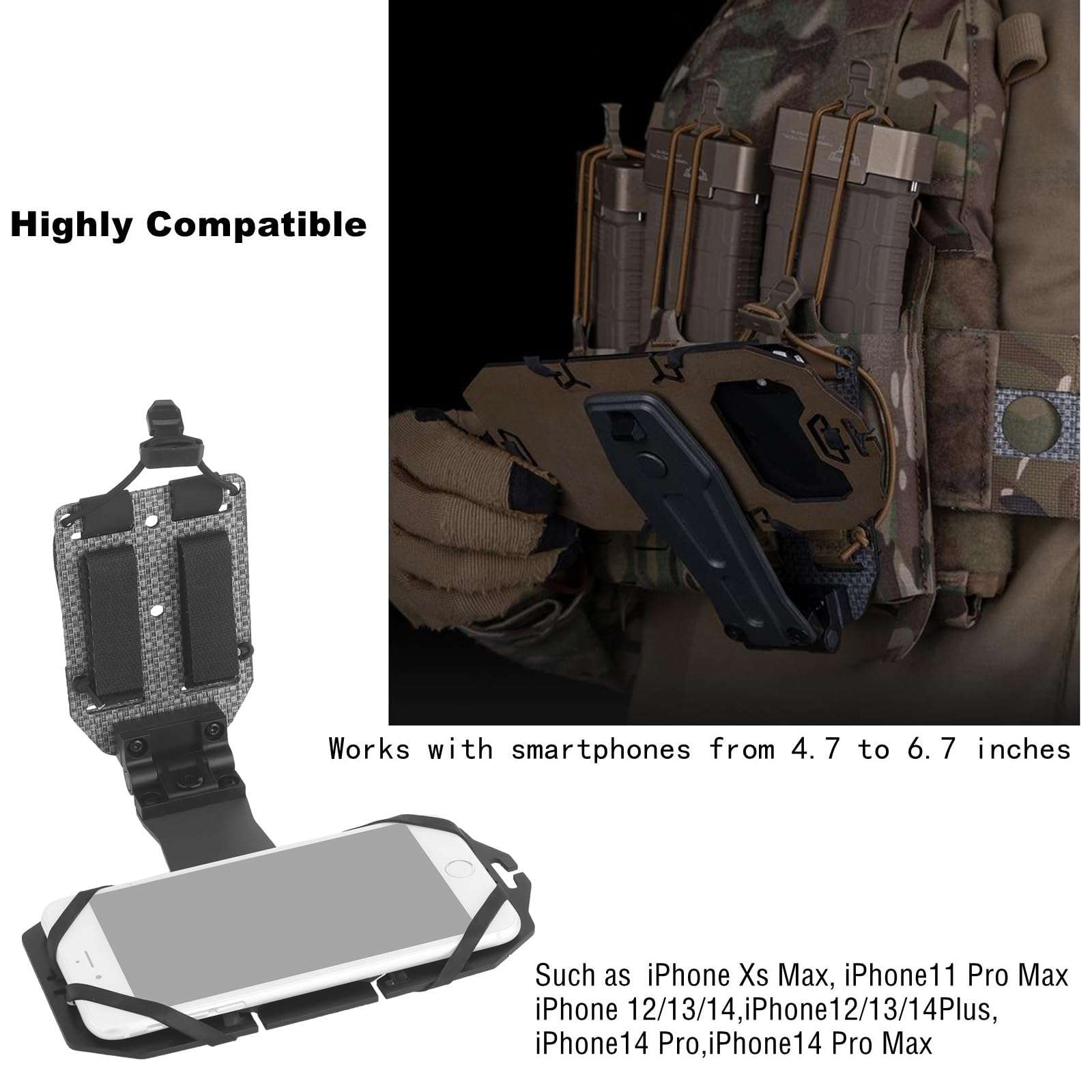 JFFCESTORE Tactical Vest Universal Phone Holder Retention Rotatable Phone Carrier Mount for Screen Size 4.7"-6.7" (Tan) 3