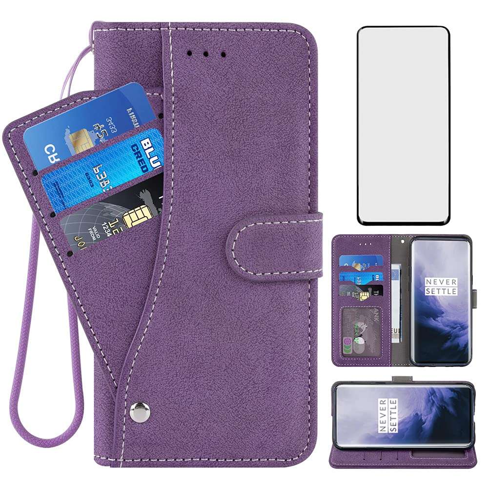 Asuwish Compatible with OnePlus 7 Pro Wallet Case and Tempered Glass Screen Protector Flip Cover Card Holder Cell Phone Cases for OnePlus7Pro 5G One Plus 1+7 1Plus OnePlus7 7Pro One+ 1 + Seven Purple 1
