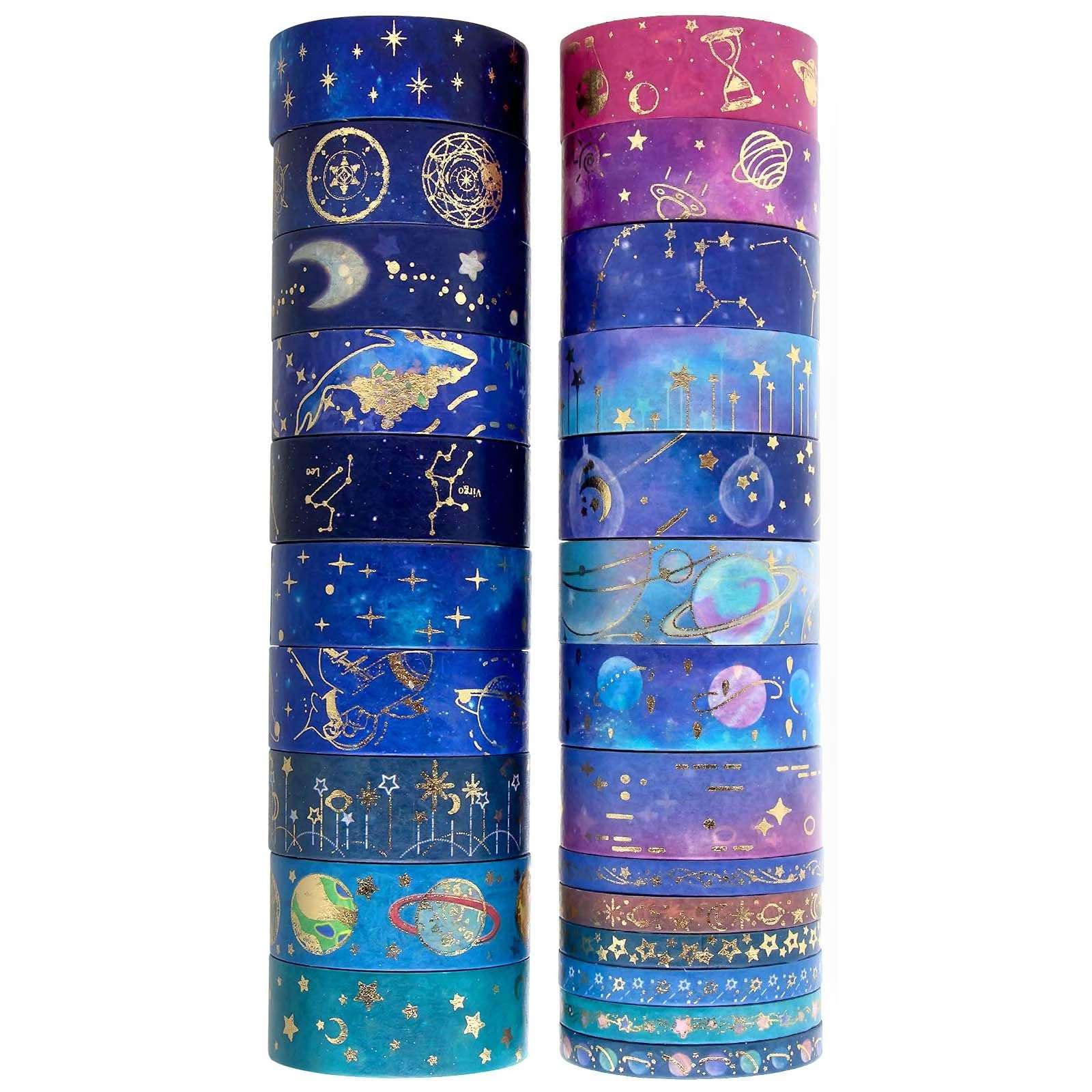 24 Rolls Handmade Decorative Masking Tape for Journaling, DIY Crafts, Scrapbooking - Easy Peel & Stick, Vintage Art Design，Washi Paper，Gift Wrapping, Home Decor - Waterproof, Reusable,Galaxy 1