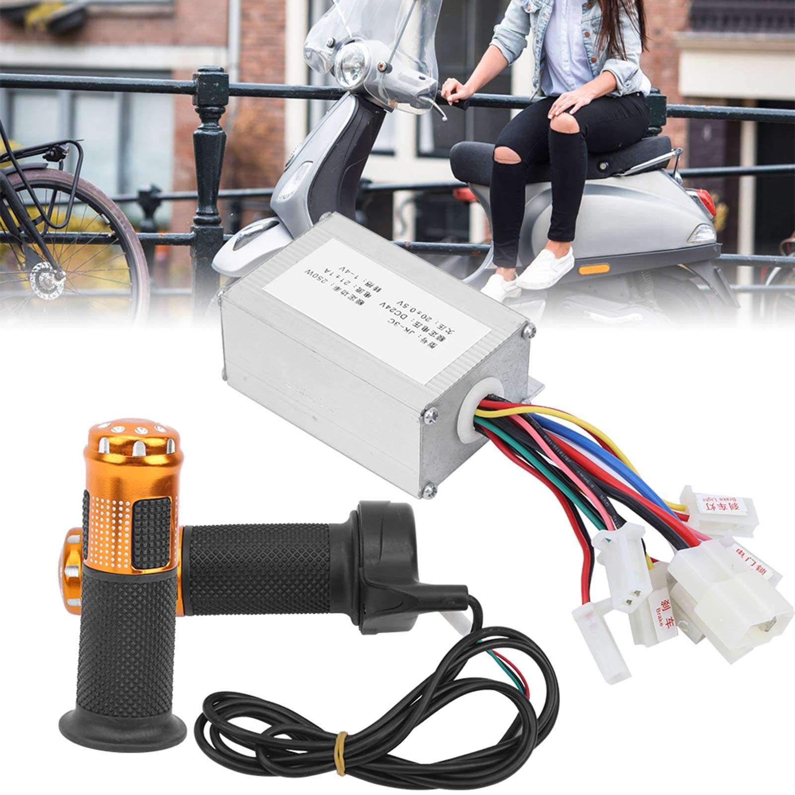 Keenso 24V 250W Brush Controller with Yellow Throttle Grip Kit, Motor Controller Electric Scooter Conversion Kit 5