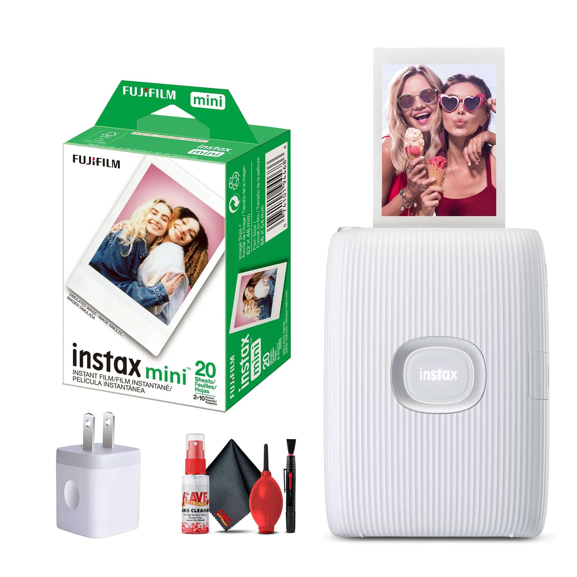 Fujifilm Instax Mini Link 2 Smartphone Printer in Clay White (16767155) Bundle Including: 3X Instant Film, USB Wall Adapter, Full Cleaning Kit 1