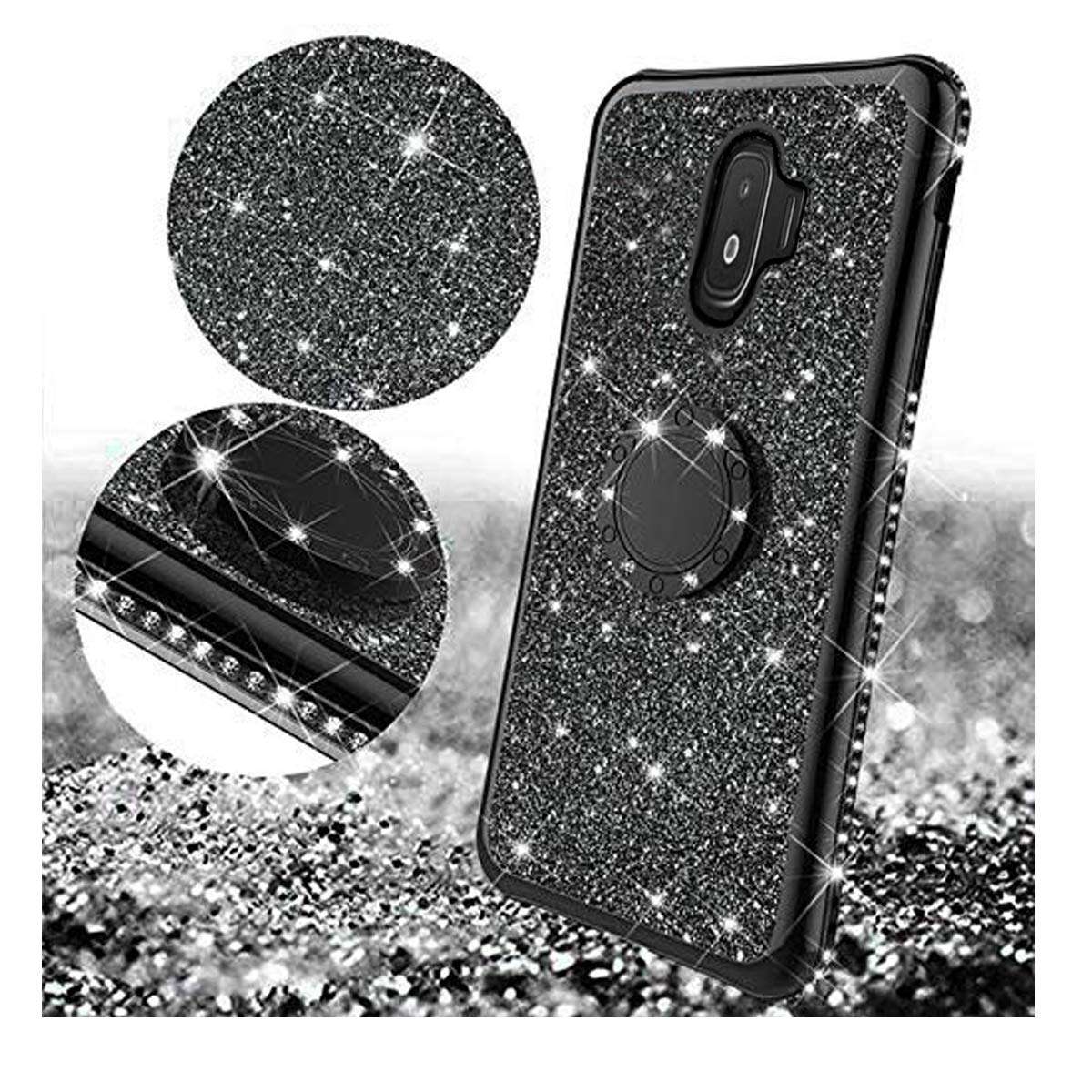 VNGUKS for Samsung Galaxy J2 Core Case with Screen Protector, J2 Pure/J2 2019/J2 Dash/J2 Shine Case, Bling Diamond Glitter Silicone Bumper with Metal Ring Holder Cover with Tempered Glass, Black 3