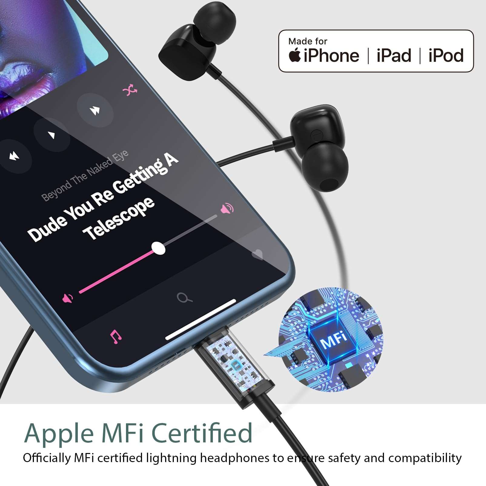 Headphones Wired with Lightning Connector, Wired Earbuds for iPhone, Apple MFi Certified Earphones with Microphone & Volume Contro, Compatible with iPhone 14/13/12/11/Pro Max/XR/XS/X/8/7/SE 2
