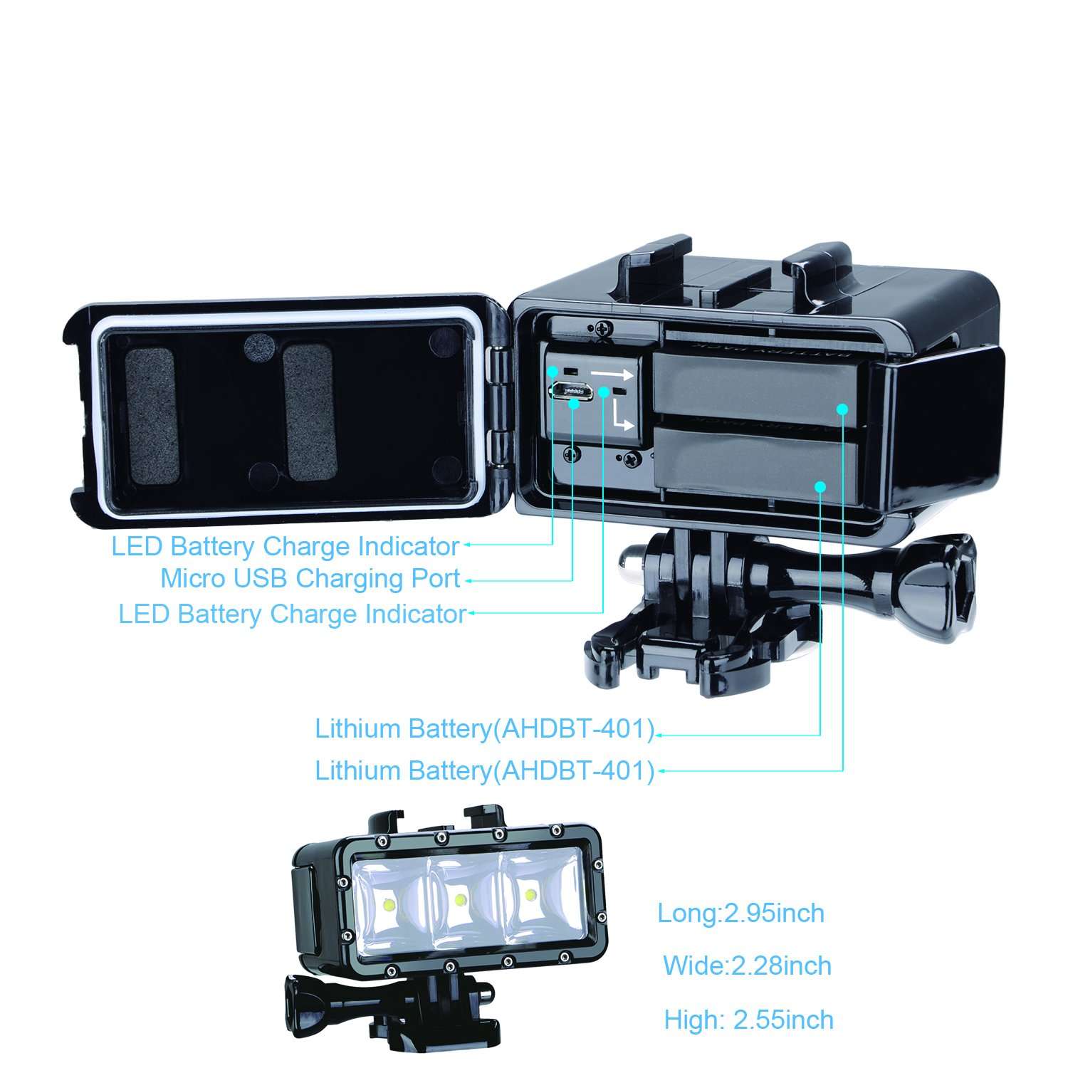 Suptig Waterproof High Power Dimmable Dual Battery Fill Night Diving Underwater Light for Gopro Hero 13, 12, 11/10/9/8/7/6/5/4/3+/3, Akaso, DJI Osmo, Insta 360 5