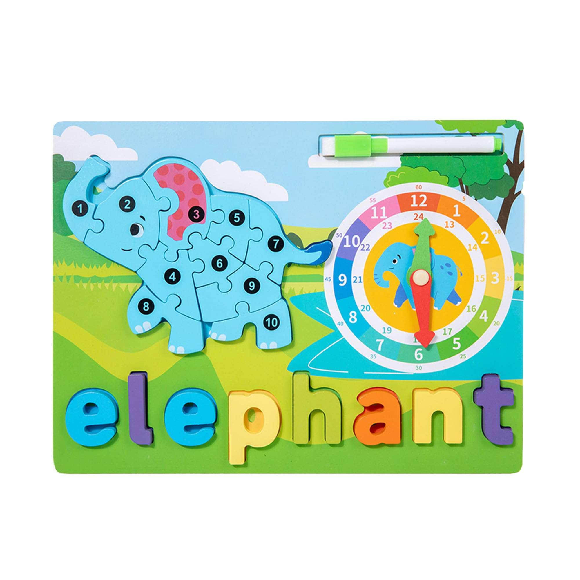 EINZUFUF Toddler Puzzles, Puzzles for Toddlers 3-5 Montessori Toys 10Pcs, Learning Clock & Drawing Board & Wooden Alphabet Letters, Educational Toy Gift for Toddlers 3-5 Year Old (Elephant 10Pcs)