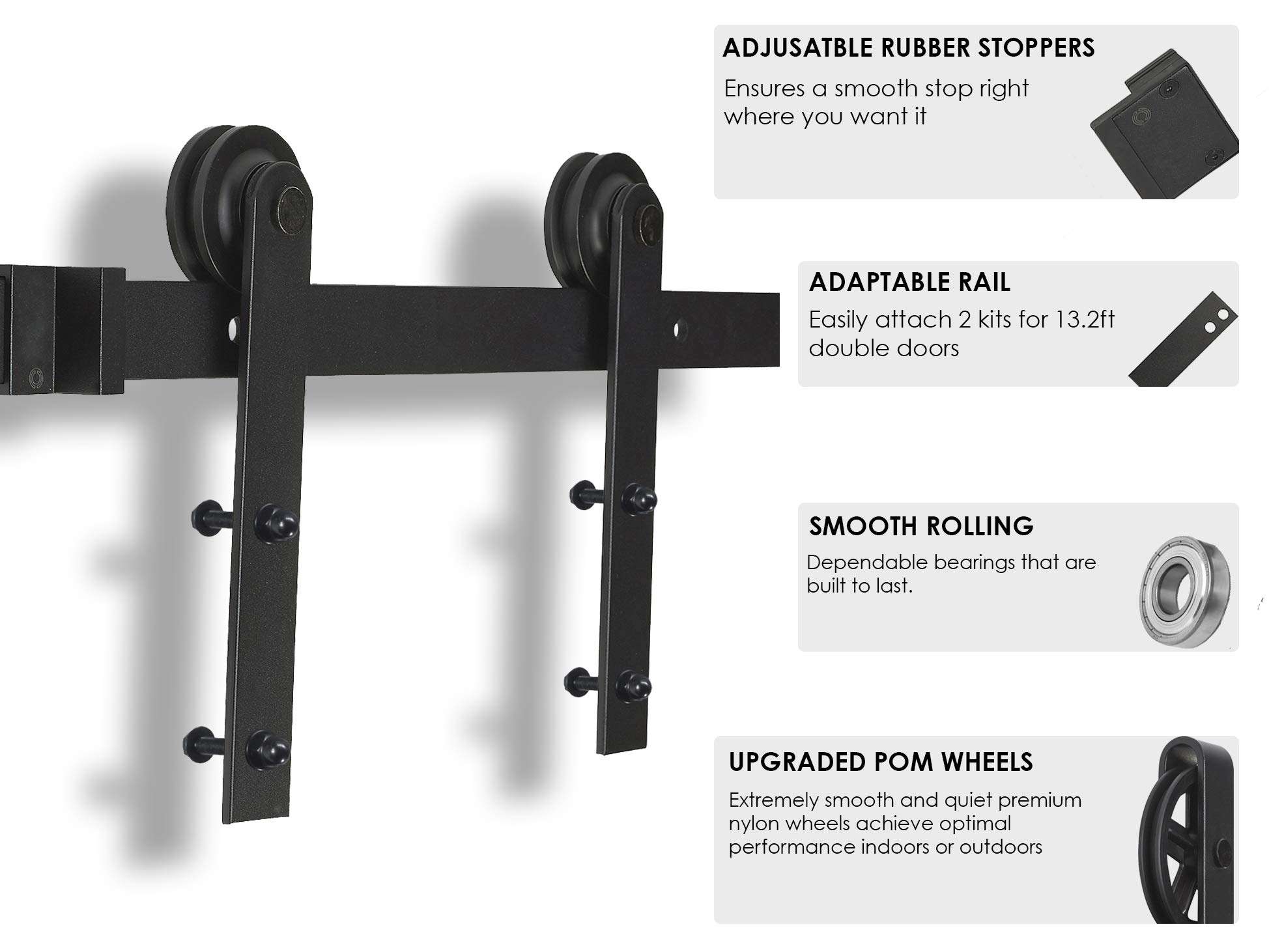 MJC & Company Low-Profile 6.6ft Sliding Barn Door Hardware Kit - Modern Wheel Hanger Design (Single Rail) Ultra-Quiet Operation - Easy to Follow Instructions 2