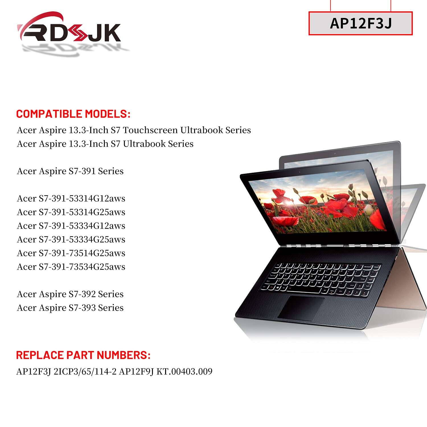 AP12F3J Laptop Battery for Acer Aspire S7 S7-391 Ultrabook S7-391-53334G12aws S7-391-53314G25aws S7-391-73514G25aws S7-391-73534G25aws Series S7-392 S7-393 2ICP3/65/114-2 7.4V 4680mAh/35Wh 3