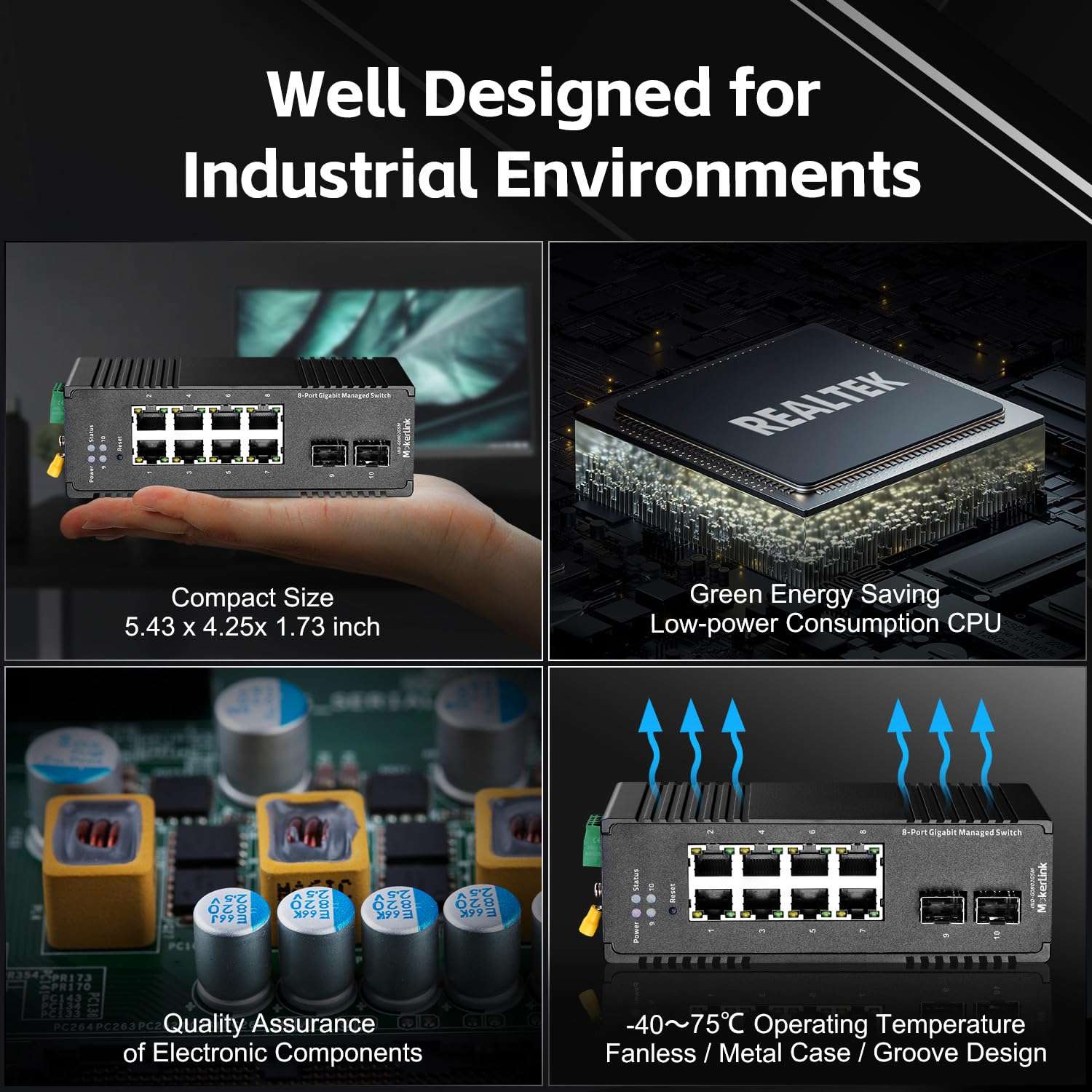 MokerLink 8 Port Gigabit Industrial DIN-Rail Ethernet Switch Managed, 2 SFP Ports, 20Gbps Switching Capacity, Web L2+ Managed IP40 Network Switch (-40 to 185°F), with Power Supply 6