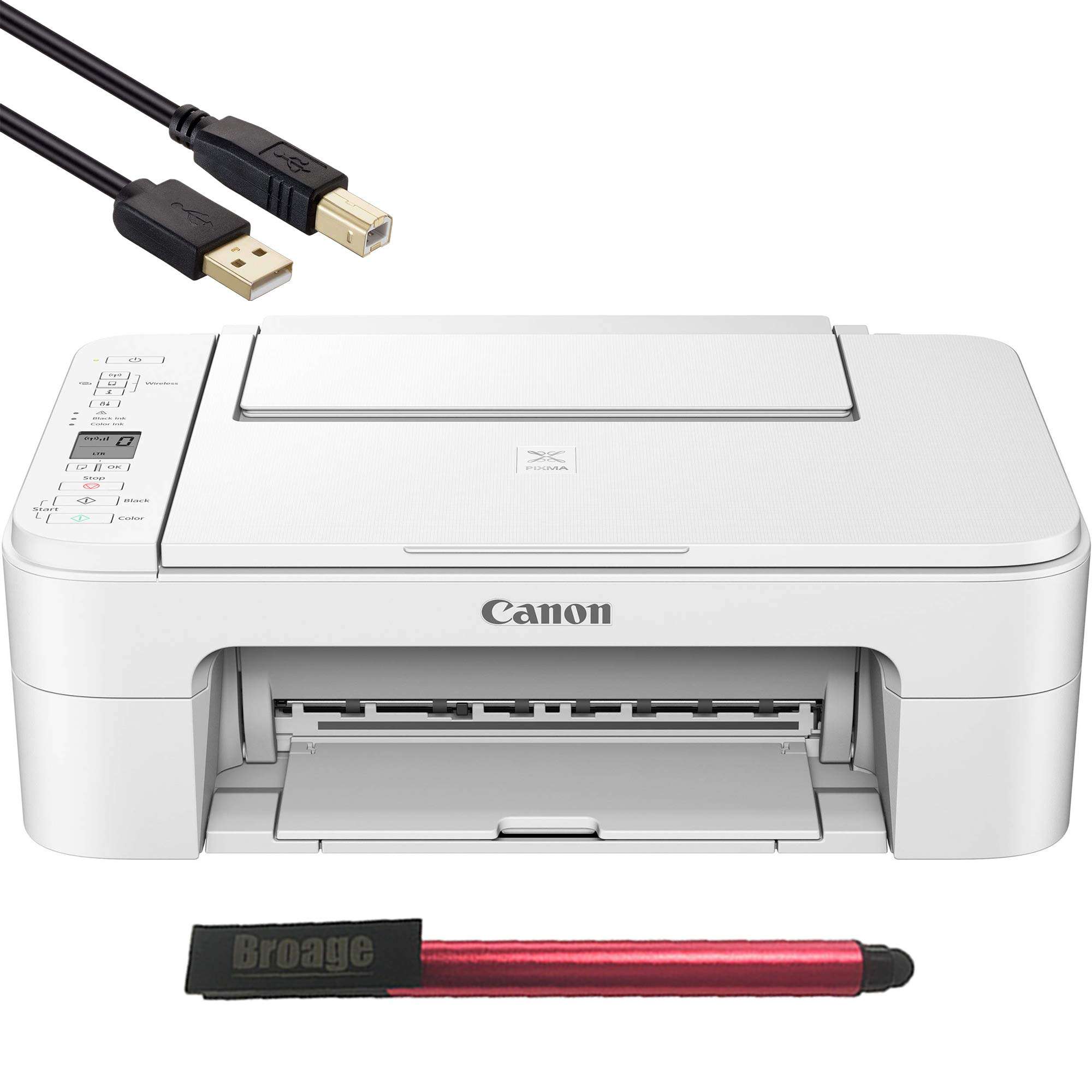 BROAGE Canon_PIXMA TS Series White Wireless All-in-One Inkjet Printer - 3 in 1 Print, Scan and Copy - up to 4800 x 1200 Resolution, 1.5 Segment LCD Display 64GB Flash Drive + 3FT Printer Cable 1