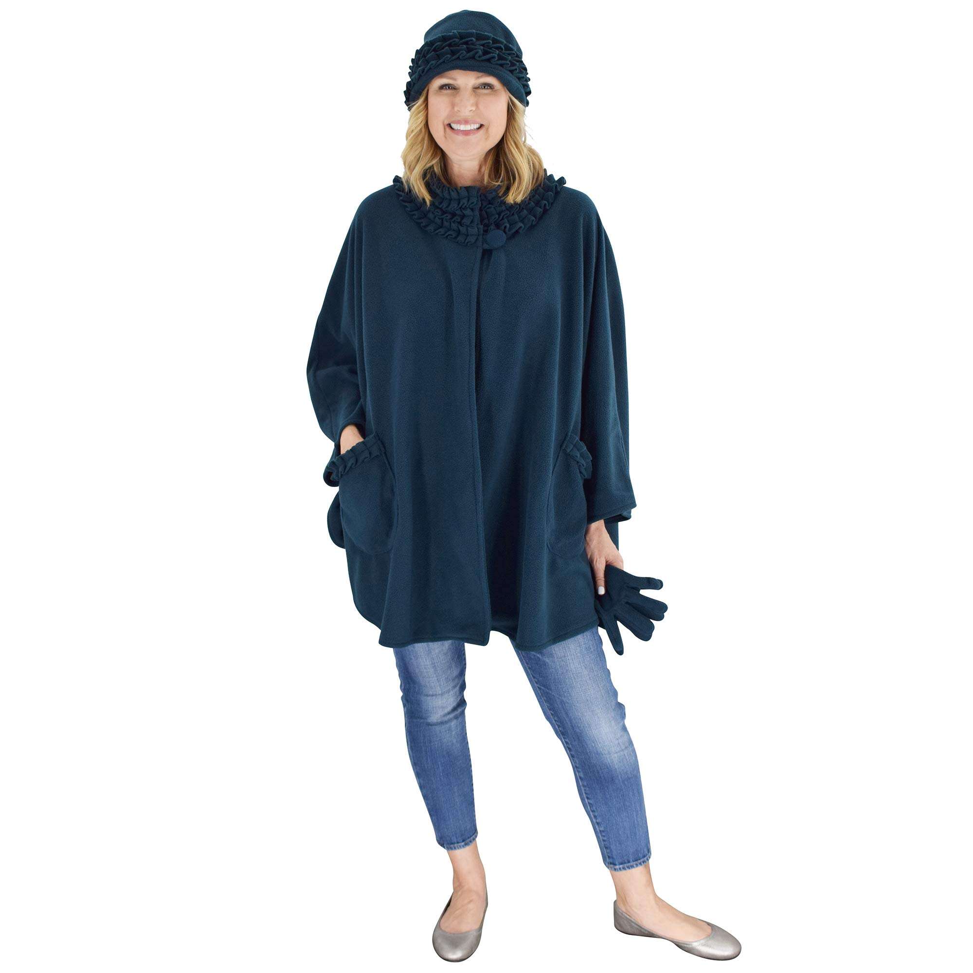 Le Moda Women's Ruffle Trim Polar Fleece Wrap with Matching Gloves and Hat | Winter Collection | One Size Fits All (Teal Blue) 5