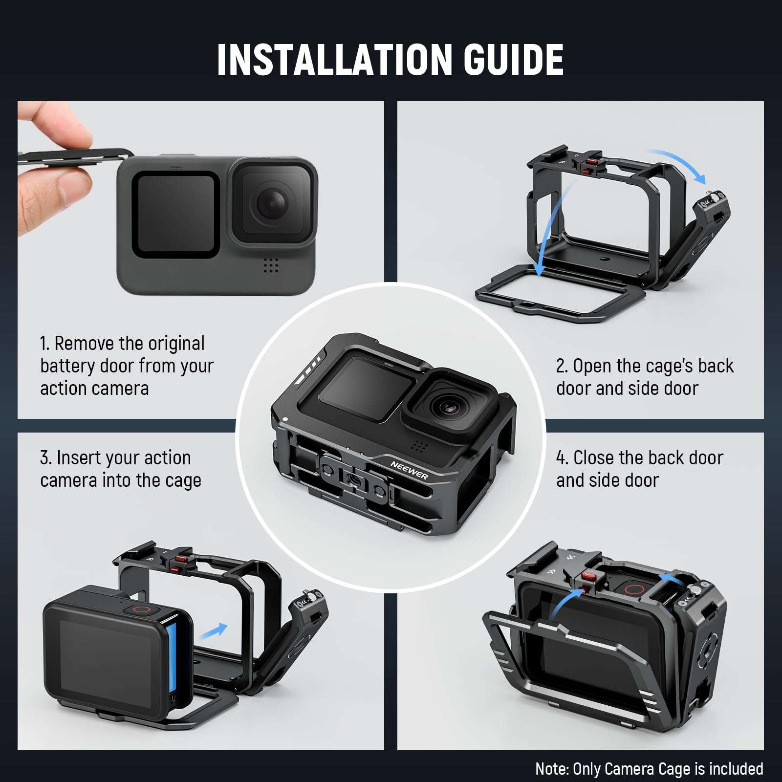 NEEWER Metal Video Rig Cage for GoPro Hero 12 11 10 9, Compatible with SmallRig DJI Quick Release Adapter Mount & Max Lens Mod, Cold Shoes for Light Mod & Mic, Removable Battery Door, AC007 3