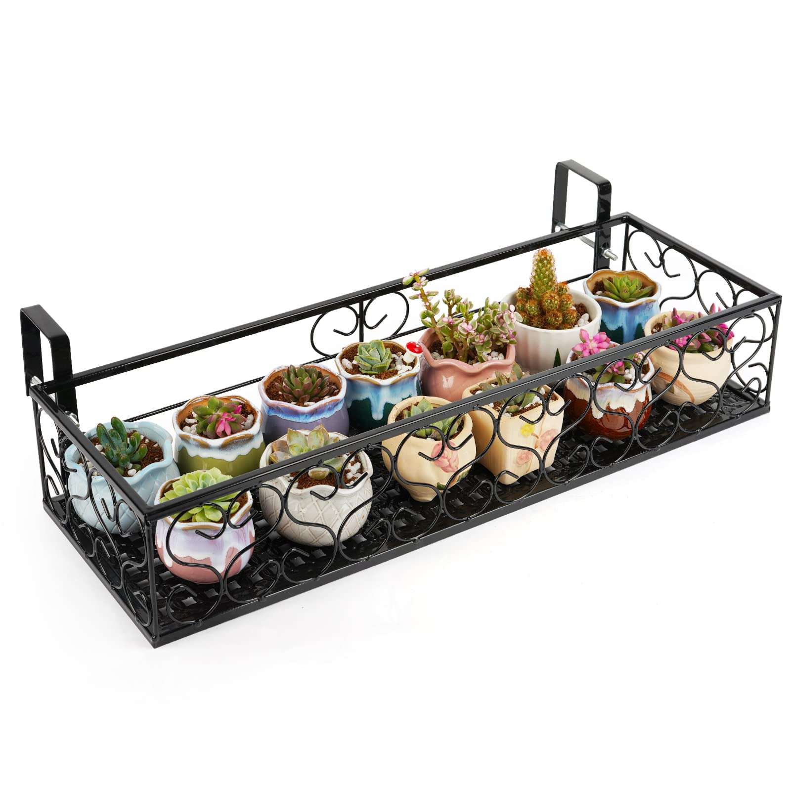 Fitlyiee Balcony Flower Pot Stand Rack Patio Railing Shelf Plant Pots Holder Windows Decorate (L, Black)