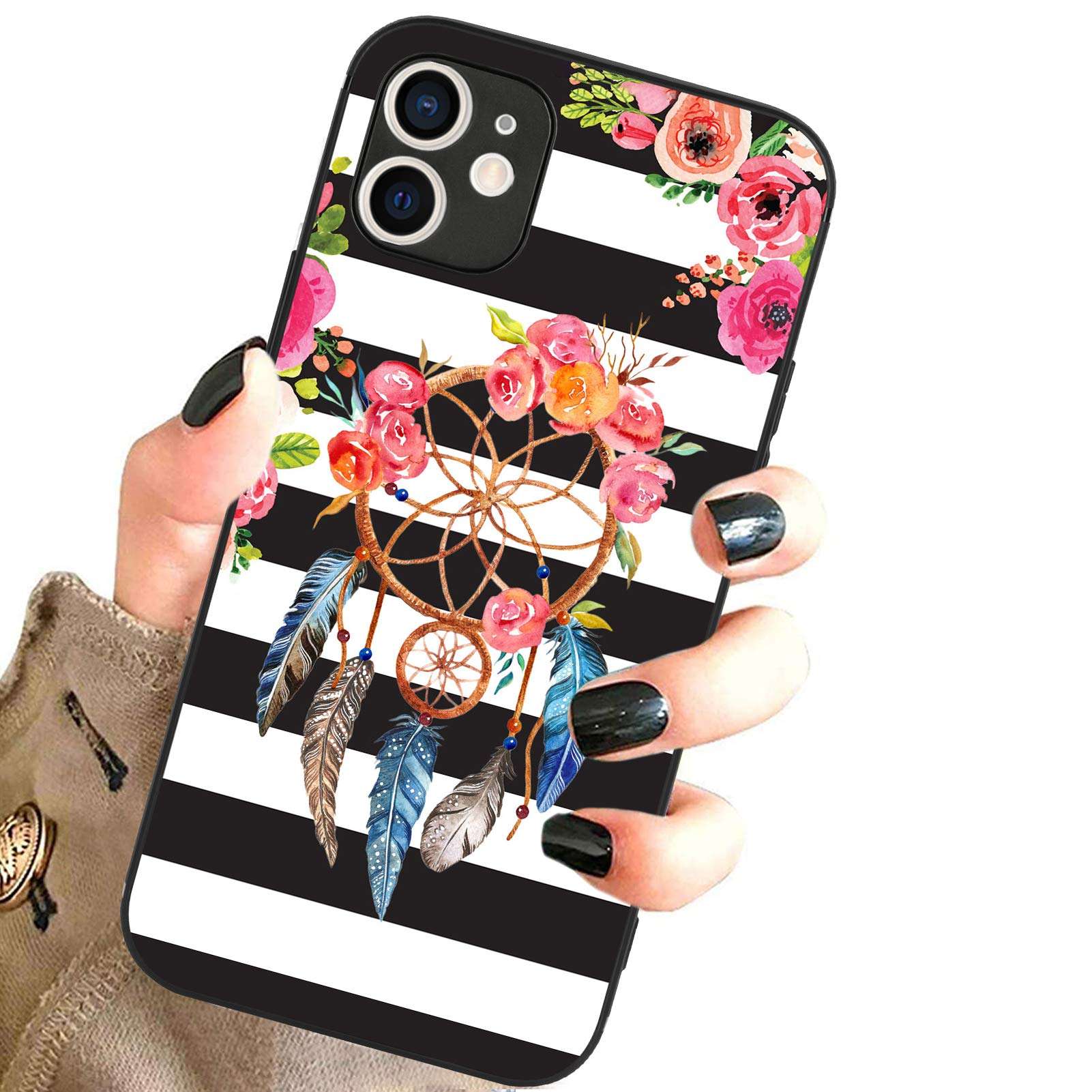 OOK Case for iPhone 12 6.1 inch 2020, Frosted Case for Women Girls with Flower Dream Catcher Design Flexible Soft TPU+Hard PC Hybrid Rubber Bumper Full Body Protective Cover Case for iPhone 12 1