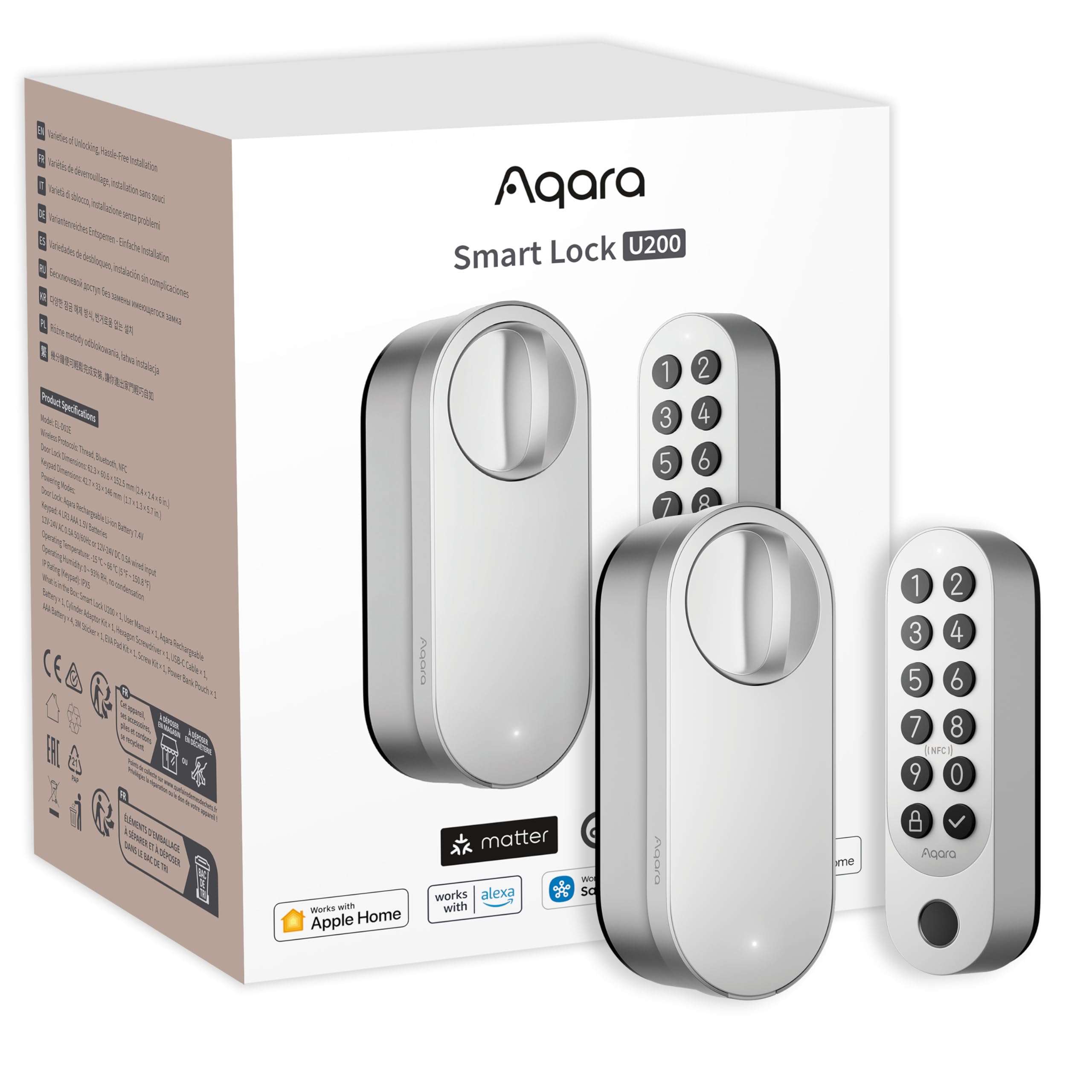 Aqara Smart Lock U200 (Fingerprint Keypad Included), Matter Over Thread, Keyless Entry Door Lock with Apple Home Key and Rechargeable Battery, Supports Apple Home, Alexa and SmartThings, Silver 1
