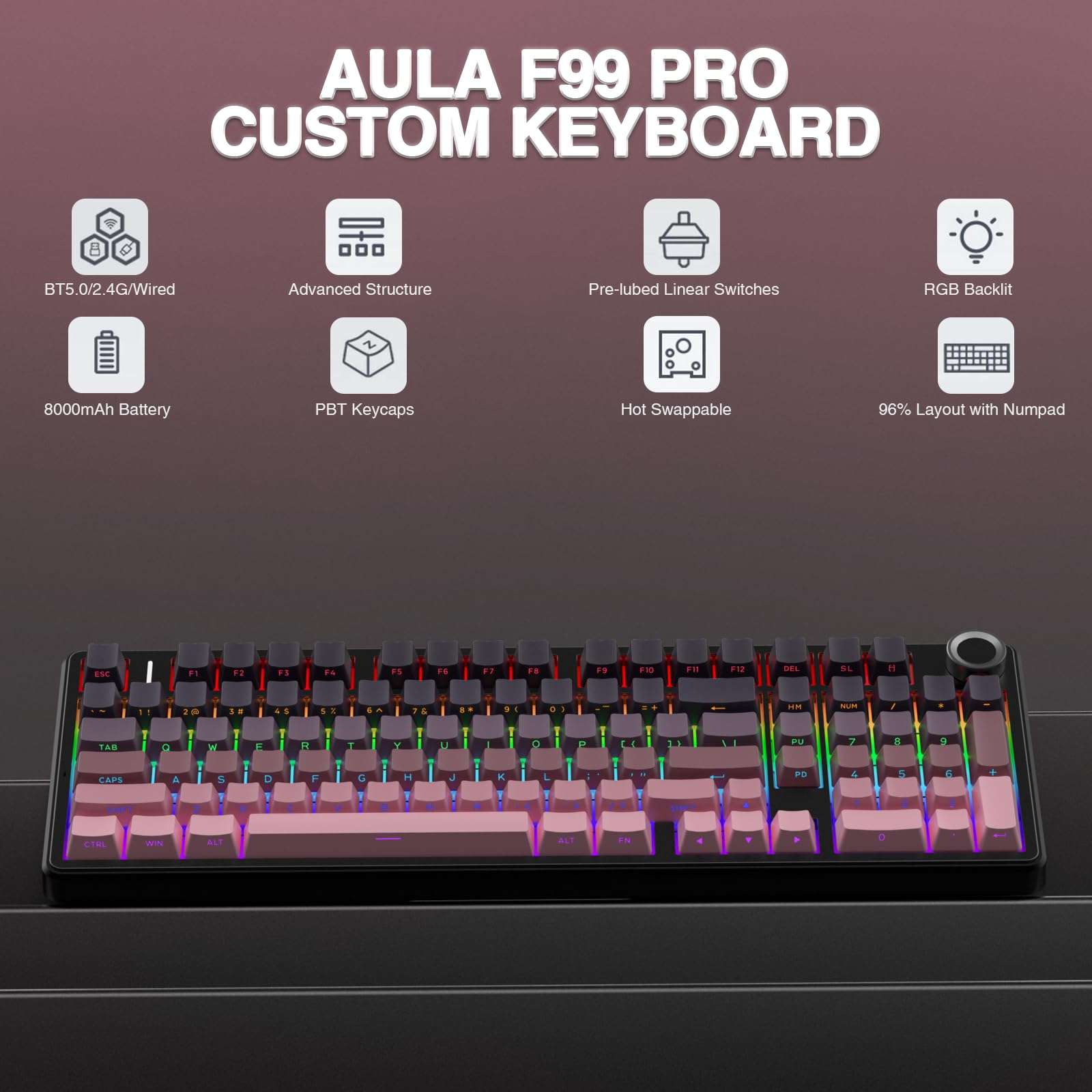 AULA F99 Pro Wireless Mechanical Keyboard with Knob,Tri-Mode BT5.0/USB-C/2.4GHz Hot Swappable Keyboard,Pre-lubed Switches,RGB Backlit Computer Gaming Keyboards 3
