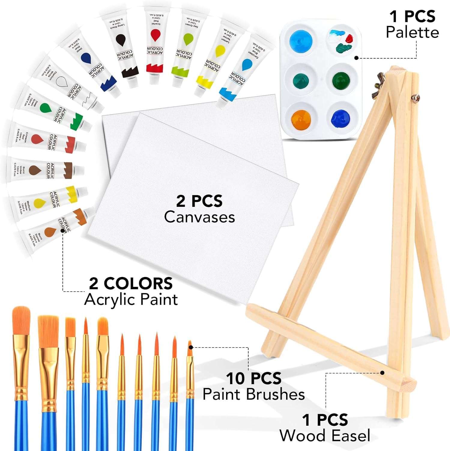 BOSSNOUK 26-Pcs Acrylic Paint Set with 12 Vibrant Colors, 10 Professional Brushes, 2 Canvas Panels with Wooden Easel Stands & Palette | Complete DIY Art Kit for Kids, Students & Beginners 3
