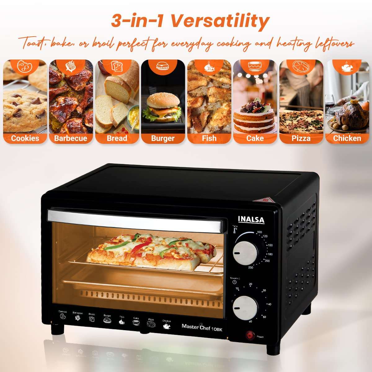 Inalsa Oven MasterChef 10BK OTG (10Liters) with Temperature Selection 800 W, Powder Coated Finish, Includes Baking Pan, SS Grill Tray, Hand Glove (Black, Silver) 800 watts 4