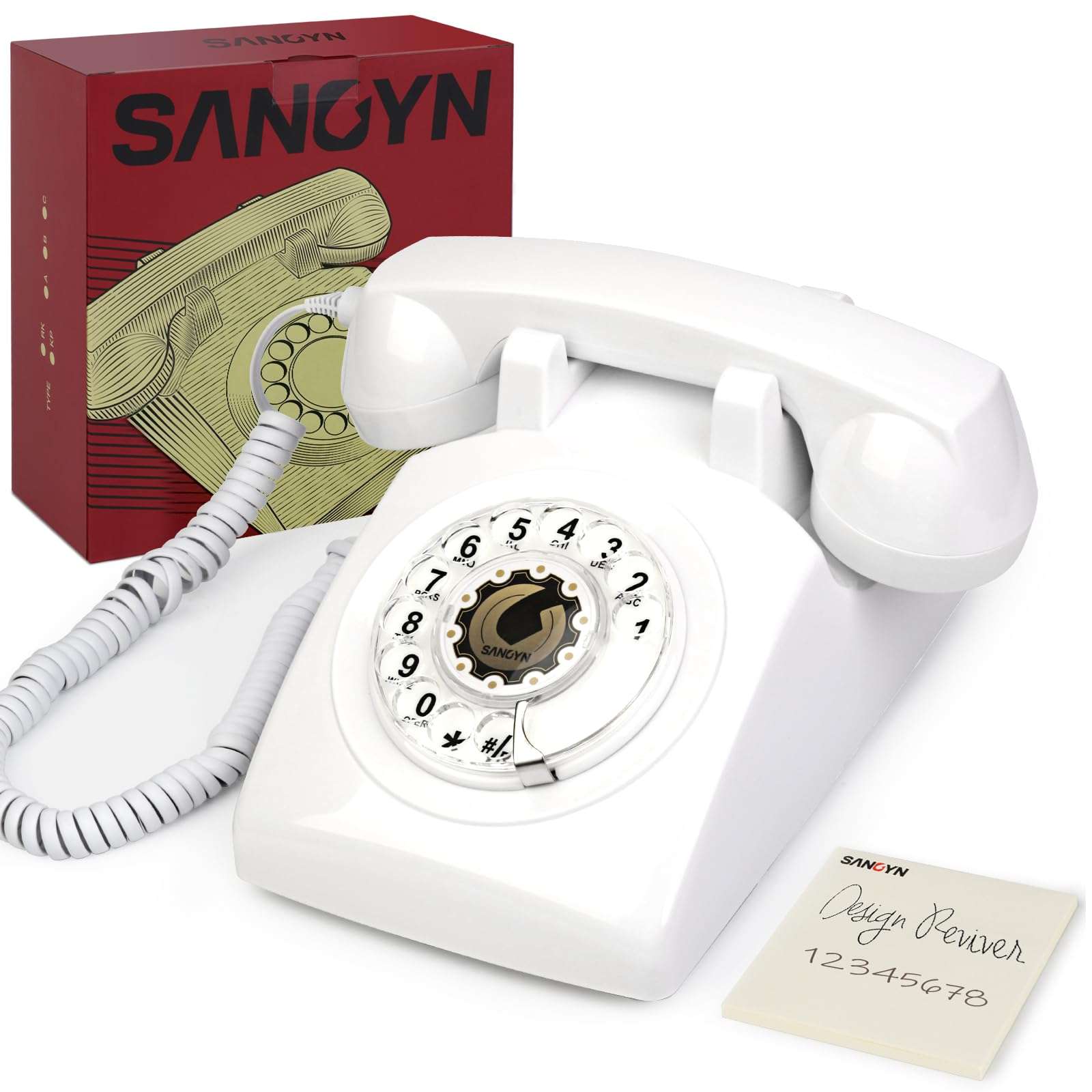 Sangyn Vintage Rotary Phone 1960s Retro Landline Telephone Old Fashioned Corded Phones with Mechanical Ringer for Home Office Desk,White 1