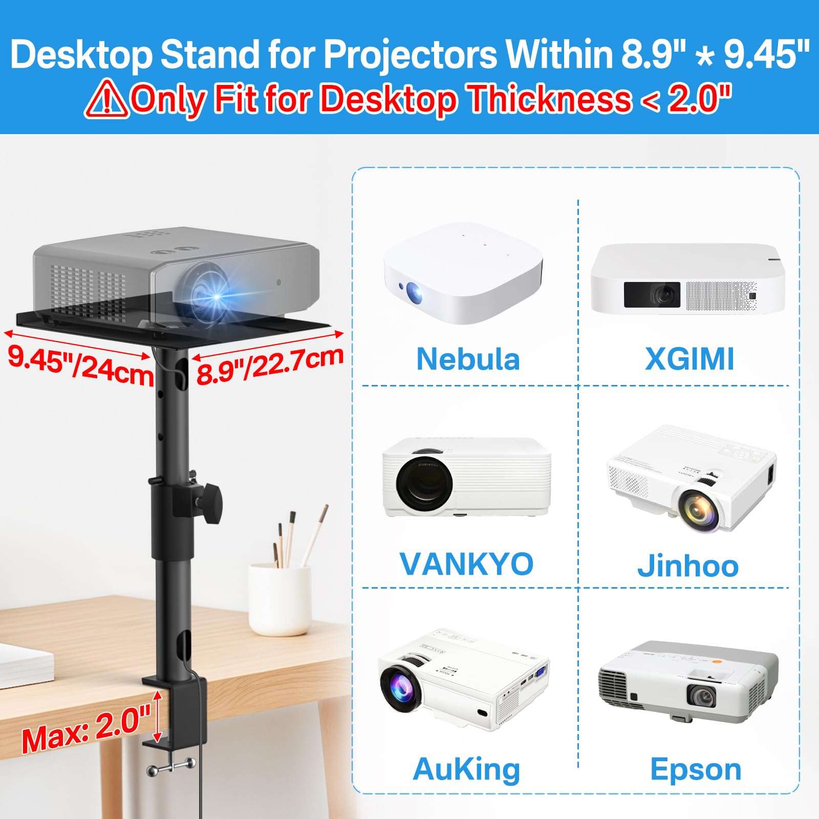 Desktop Projector Stand Table Wr Headphone Holder - Height, Tilt & Swivel Adjustable Desk Projector Stand for Nebula XGIMI VANKYO Jinhoo AuKing Epson and Most Projectors Clamp on Desktop Stand, 2 Pack 3