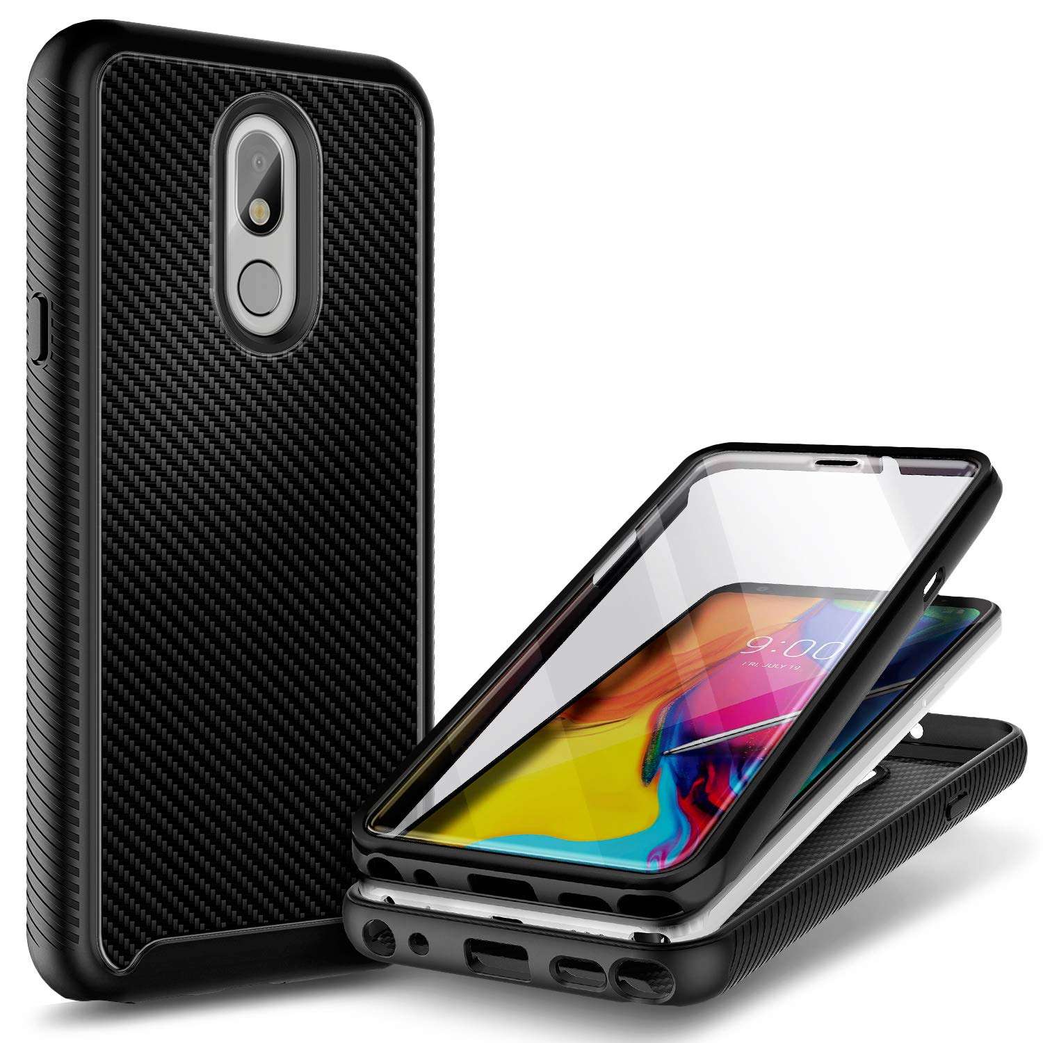 E-Began Case for LG Rebel 4 LTE, Aristo 2/3 Plus, Aristo 3/Tribute Dynasty/Empire/Zone 4/Phoenix 4/Fortune 2/Risio 3/Rebel 3/K8s, Full-Body Protective Bumper w/Built-in Screen Protector -Carbon Fiber 1