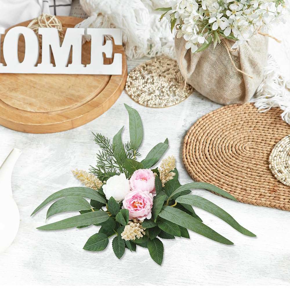 2Pack Flower Candle Rings Wreaths Summer Floral Candle Rings 3 Inch Center Mini Peony Rings Wreaths for Cabinet Pillar Wedding Farmhouse Mom Gifts 5