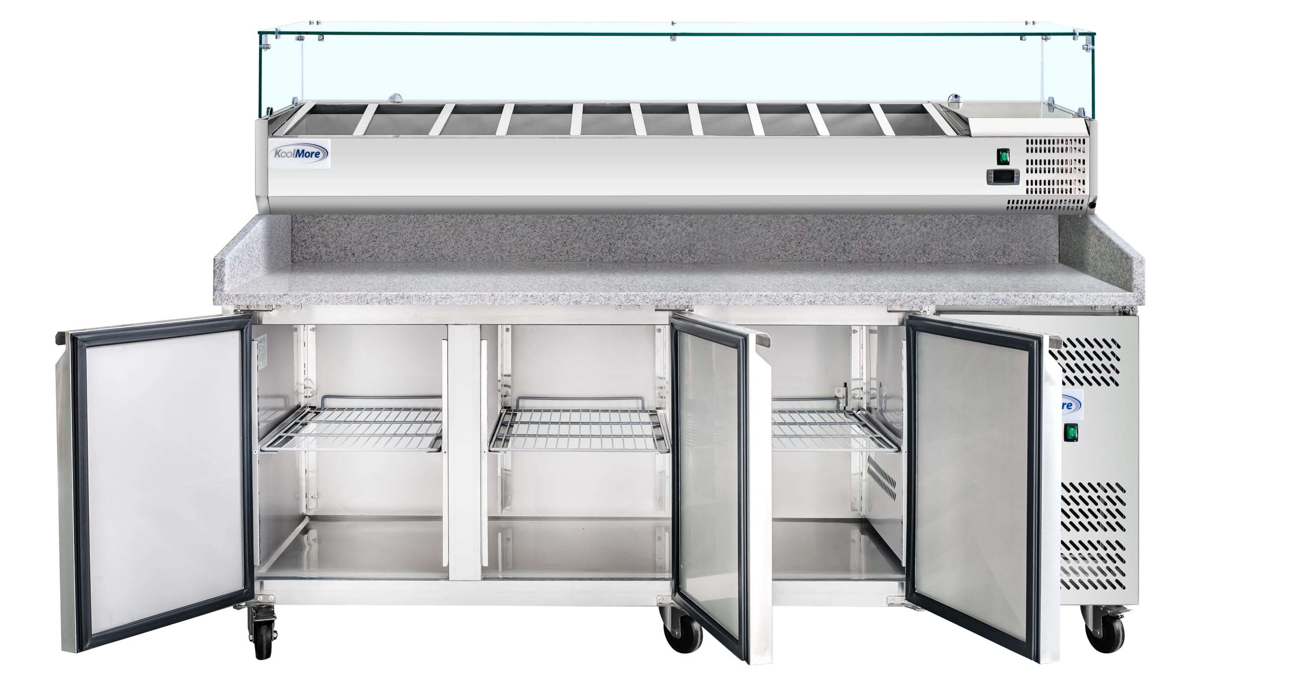 KoolMore KM-RPCPS-2D79-GRT 79 in. Three-Door Commercial Granite Top Pizza Prep Refrigerated Condiment Pan Holder in Stainless-Steel, Stainless Steel 5