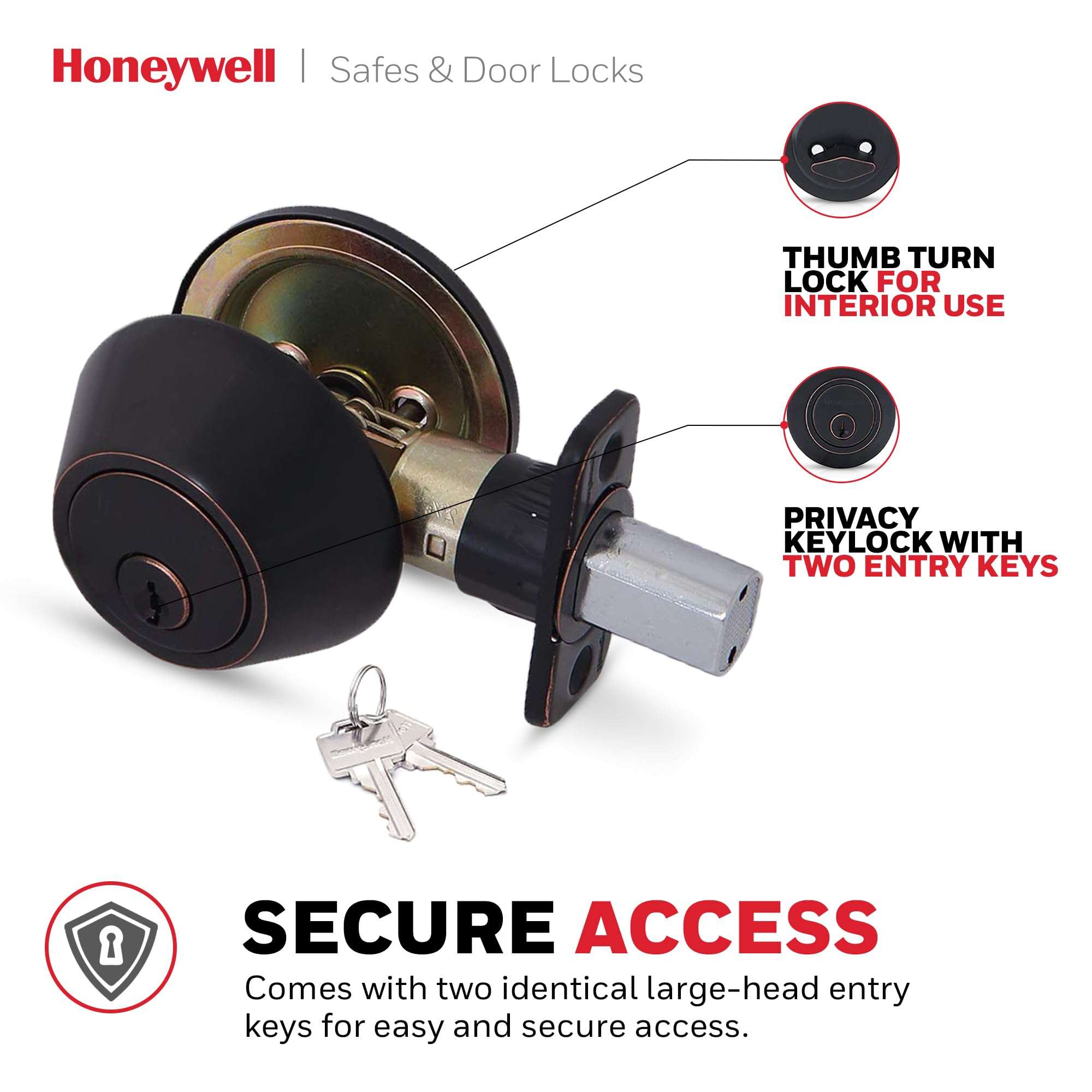 Honeywell Safes & Door Locks - Single Cylinder Front Door Deadbolt Lock Set - Anti-bump Resistant Dead Bolt Lock for Exterior Doors with 2 Entry Keys - 3 x 5 x 8.5 inches - Oil Rubbed Bronze - 8111409 4