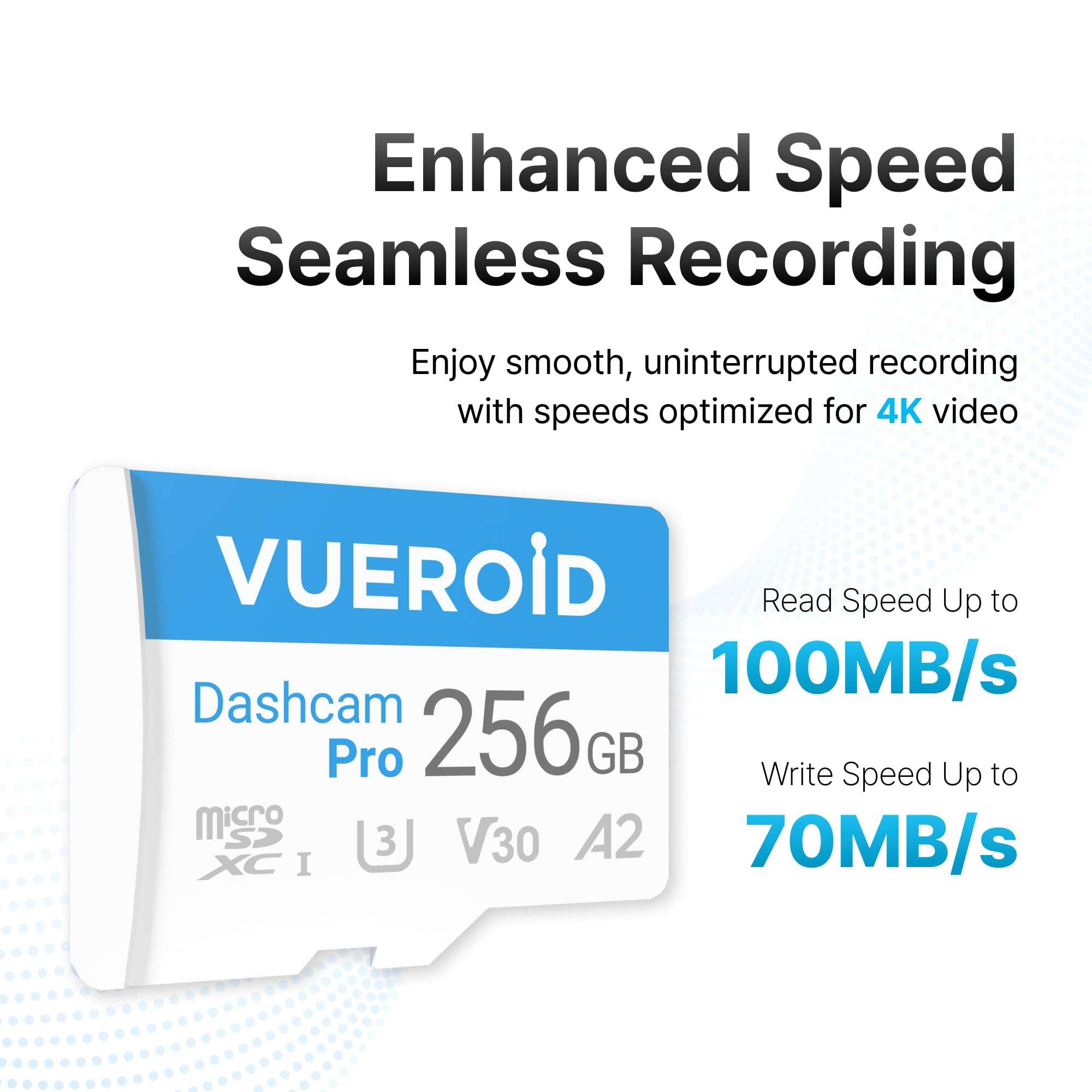 Vueroid 256GB Dashcam Pro microSD Card with Reader Adapter, C10, V30, UHS-I, Class 10, A2, High Speed Memory Card for 4K UHD Video, Read Speed up to 100 MB/s microsdxc 4