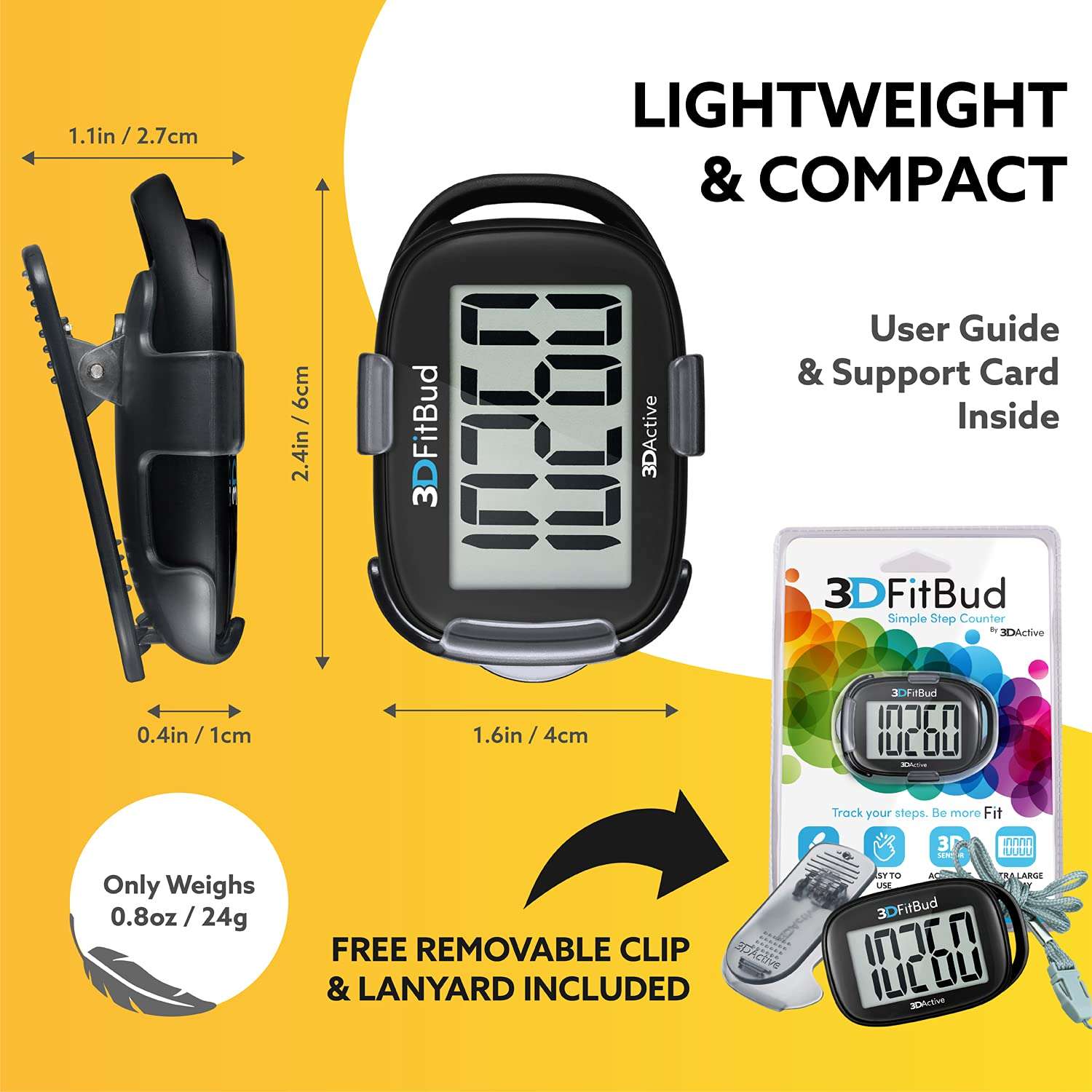 3DFitBud Simple Step Counter Walking 3D Pedometer with Clip & Lanyard - A420S - Black 6