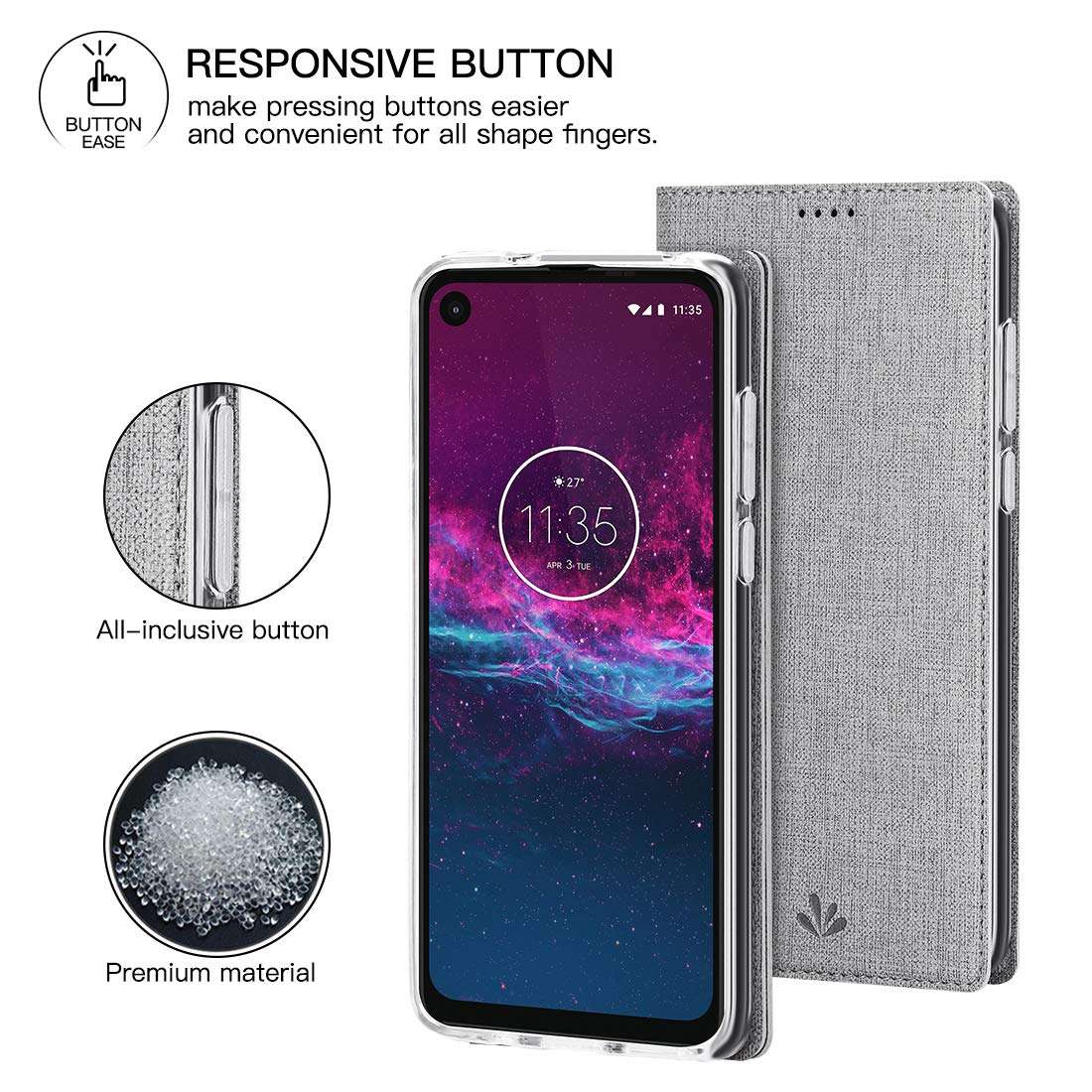 Foluu Motorola One Action Case, Flip Folio Wallet Cover Slim Premium PU Leather Case ID Card Slots Kickstand and Magnetic Closure Clear TPU Bumper Cover for Motorola One Action 2019 (Gray) 3