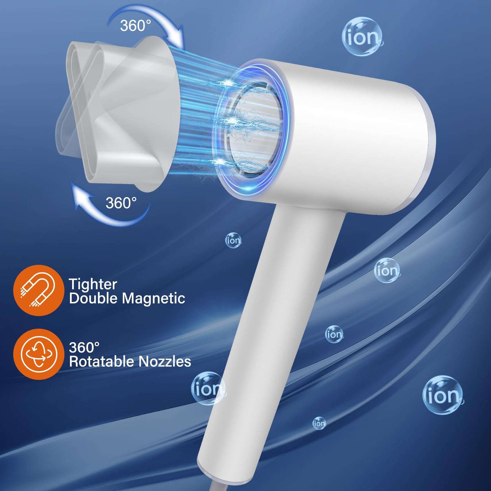 Professional Hair Dryer Blow Dryer, 110,000RPM High-Speed Blow Dryer for Fast Drying, Negative Ionic Hair Dryers with Magnetic Nozzle & LED Display, Portable Hair Dryer for Travel Home Salon-White 6