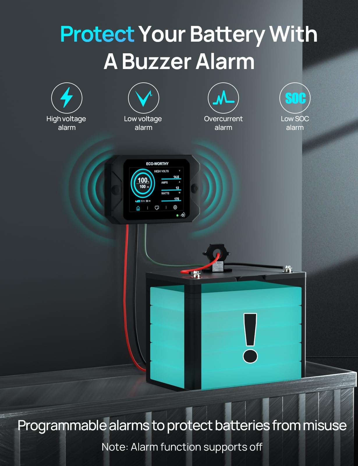 ECO-WORTHY Battery Monitor with Hall Sensor, 300A Touchable Backlight Display with Programmable Alarm for 9-80V LiFePO4/AGM/Gel Battery RV Golf Cart Off-Grid Houses 4