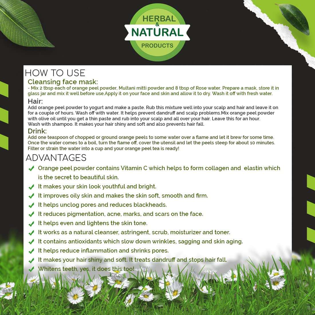 Orange Peel Powder Skin Whitening Face Pack Oil Control Pure Natural & Organic for Skin Lightening & Glowing Skin & Pimples Tan Removal Hair Drinking Eating Edible Body(100Gm Pack 2) Herbal 3