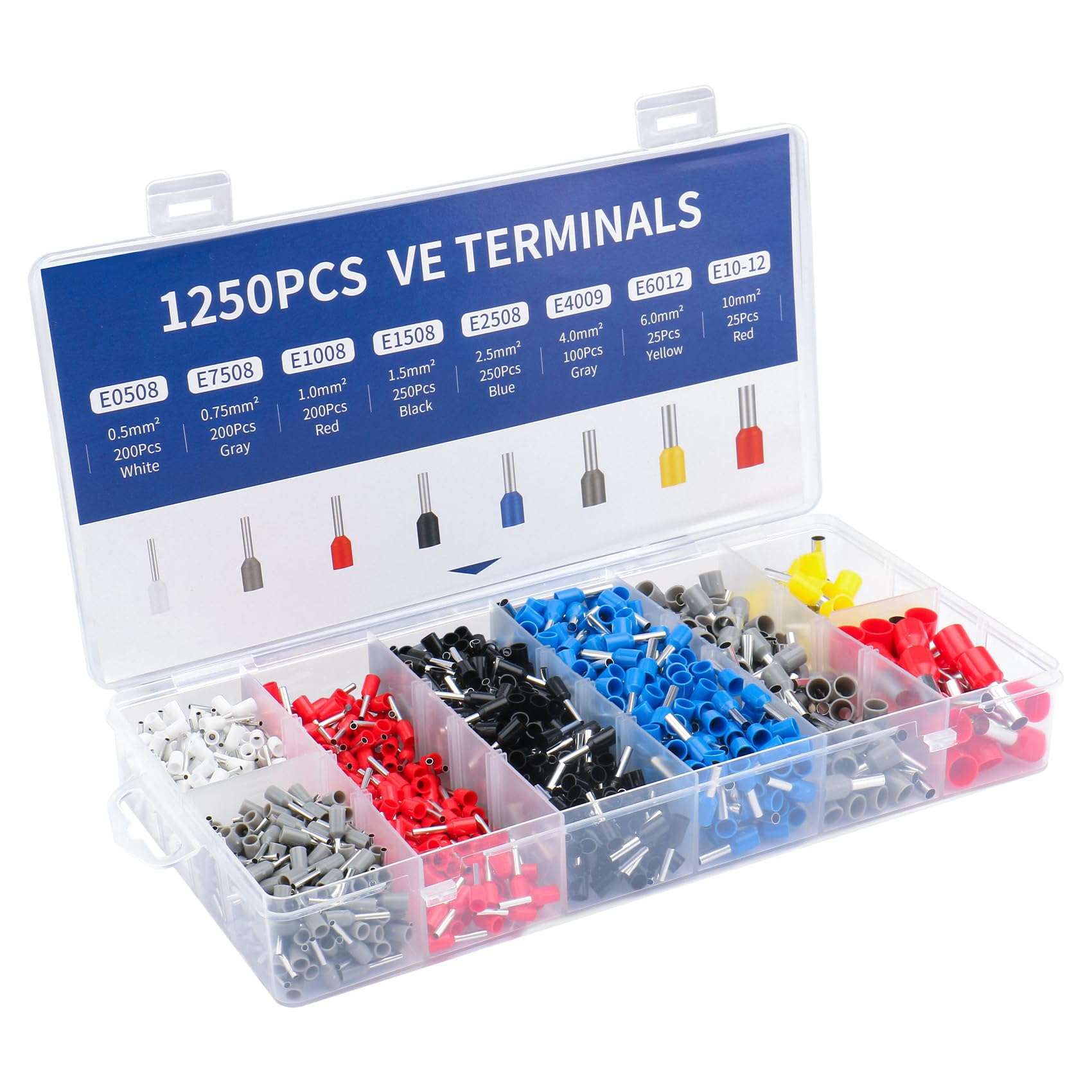 Baomain 1250pcs Wire Copper Crimp Connector Kit AWG 22/20/18/16/14/12/10/8 Assorted Insulated Ferrule Pin Cord End Terminal Set White Gray Red Black Blue Yellow 1