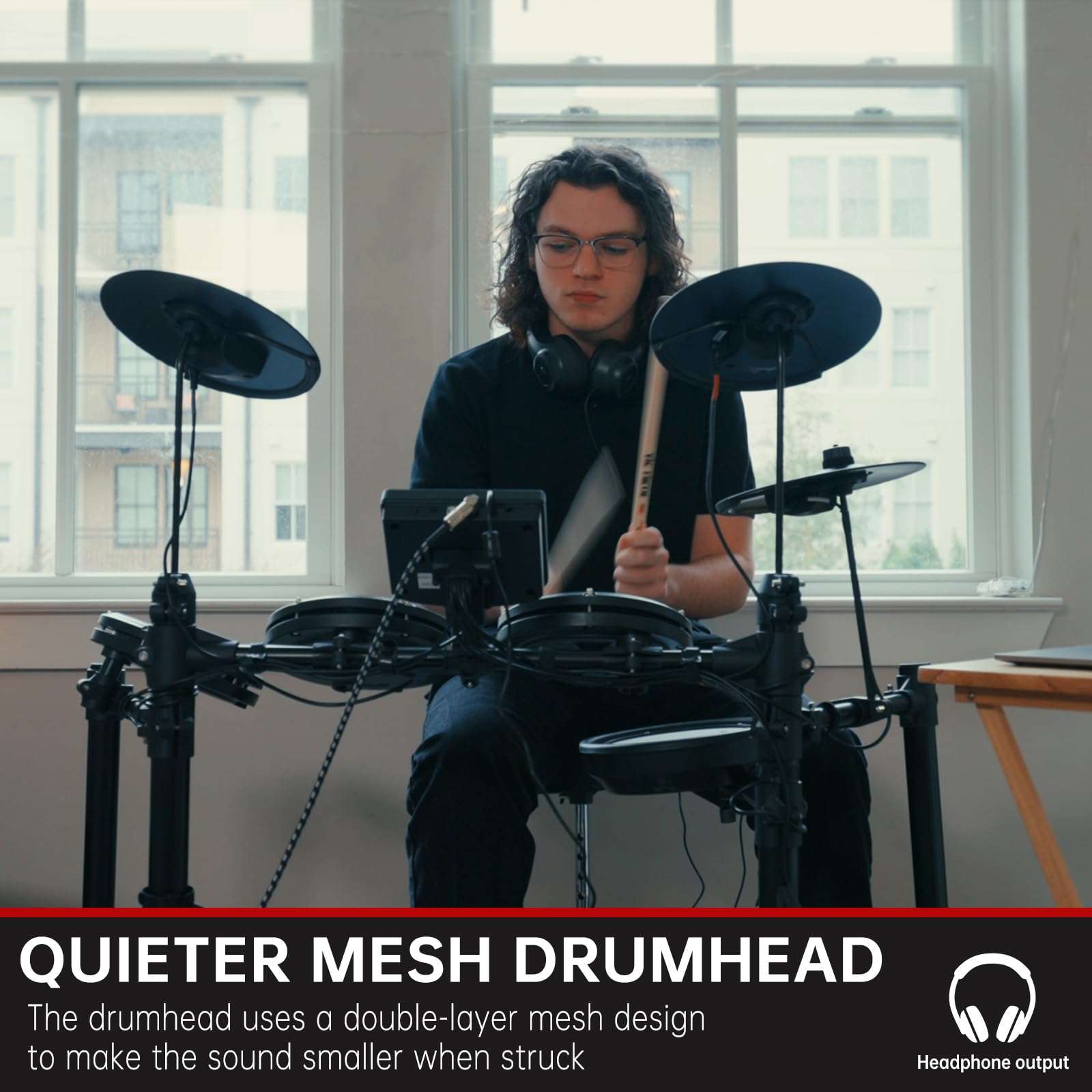 AODSK Electric Drum Set with Quiet Mesh Pads,Electronic Drum for Beginner+AODSK Drum Sticks 5A Classic America Maple Wood Tear Drop Tip Drumsticks Anti-Slip 3